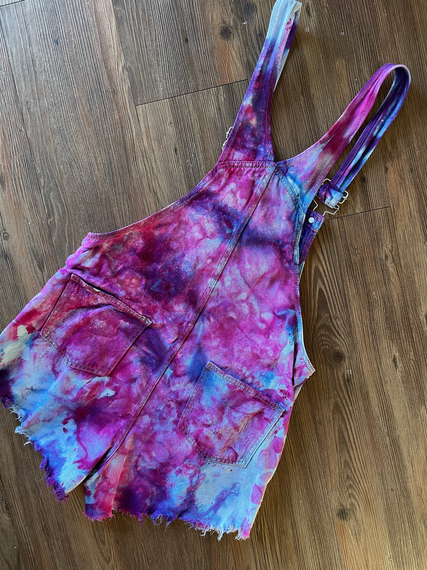 Small Women's Galaxy Dye Tie Dye Overall Shorts | Pink and Purple Shortalls