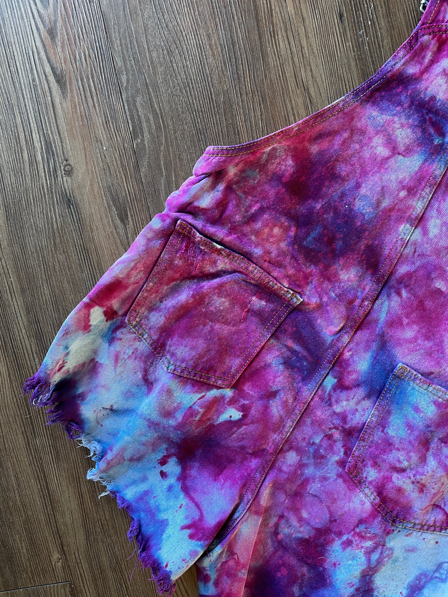 Small Women's Galaxy Dye Tie Dye Overall Shorts | Pink and Purple Shortalls