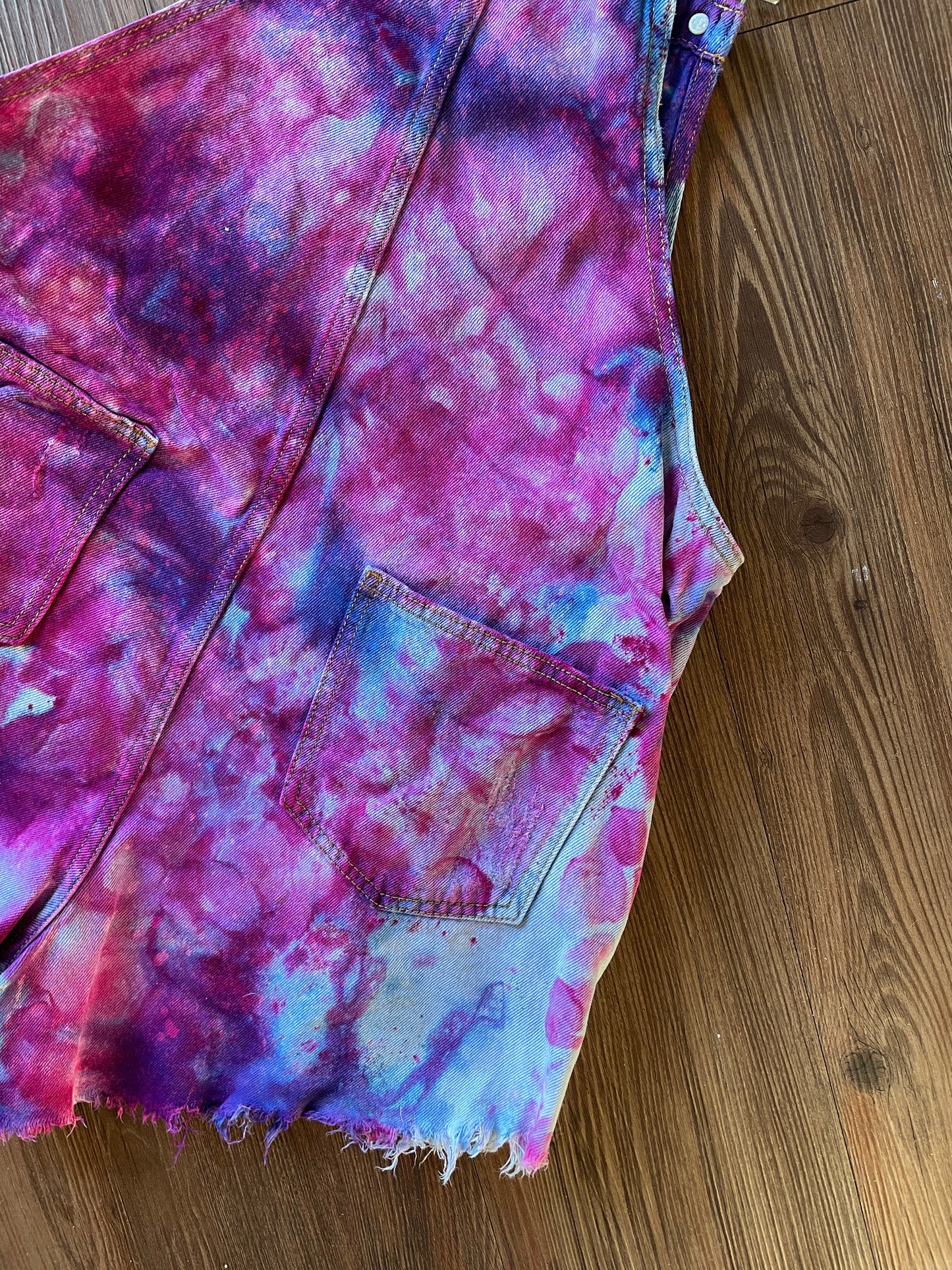 Small Women's Galaxy Dye Tie Dye Overall Shorts | Pink and Purple Shortalls