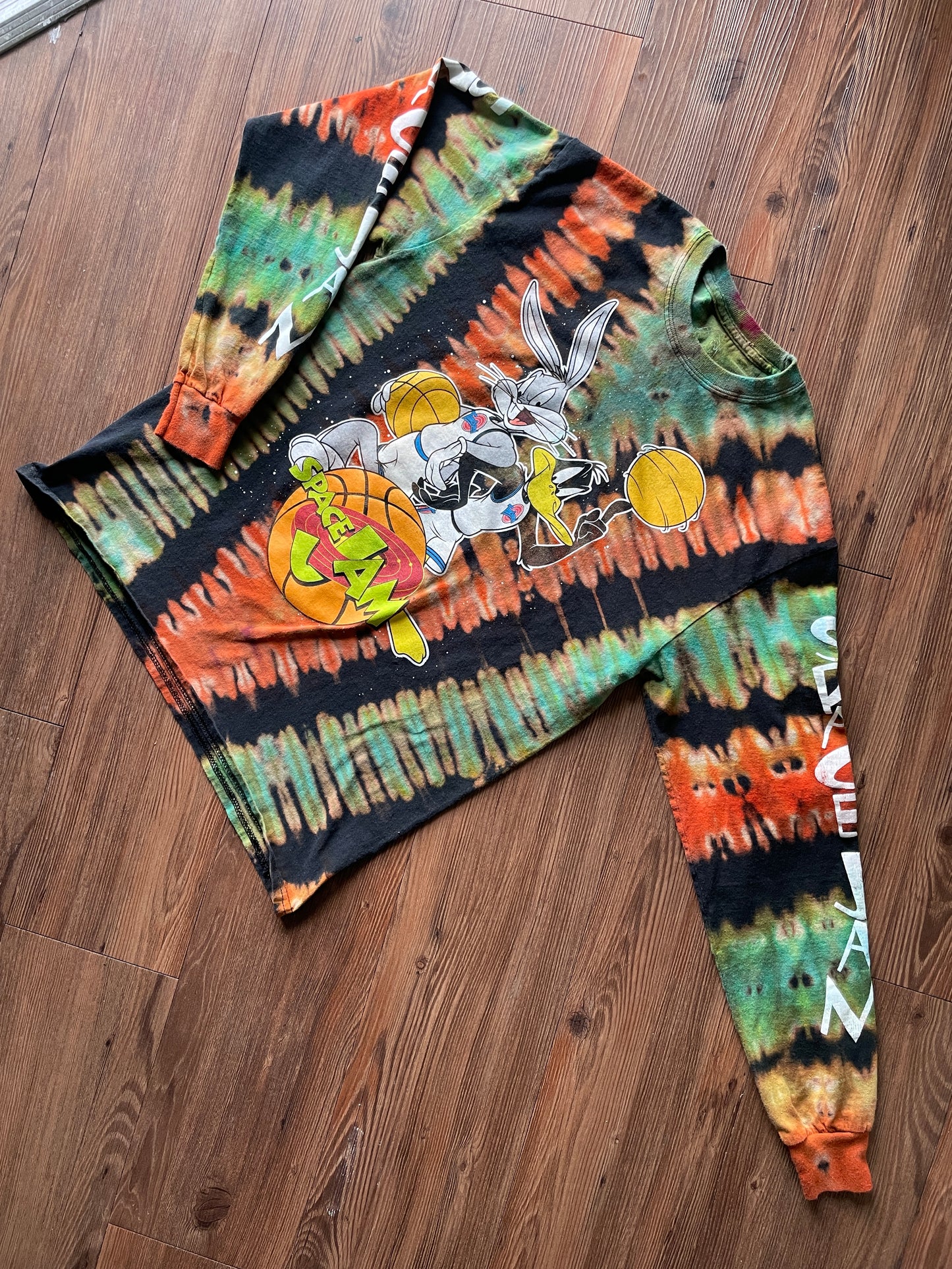 Small/Medium Men’s Space Jam Reverse Tie Dye Long Sleeve T-Shirt | Black, Orange, and Blue Pleated Long Sleeve