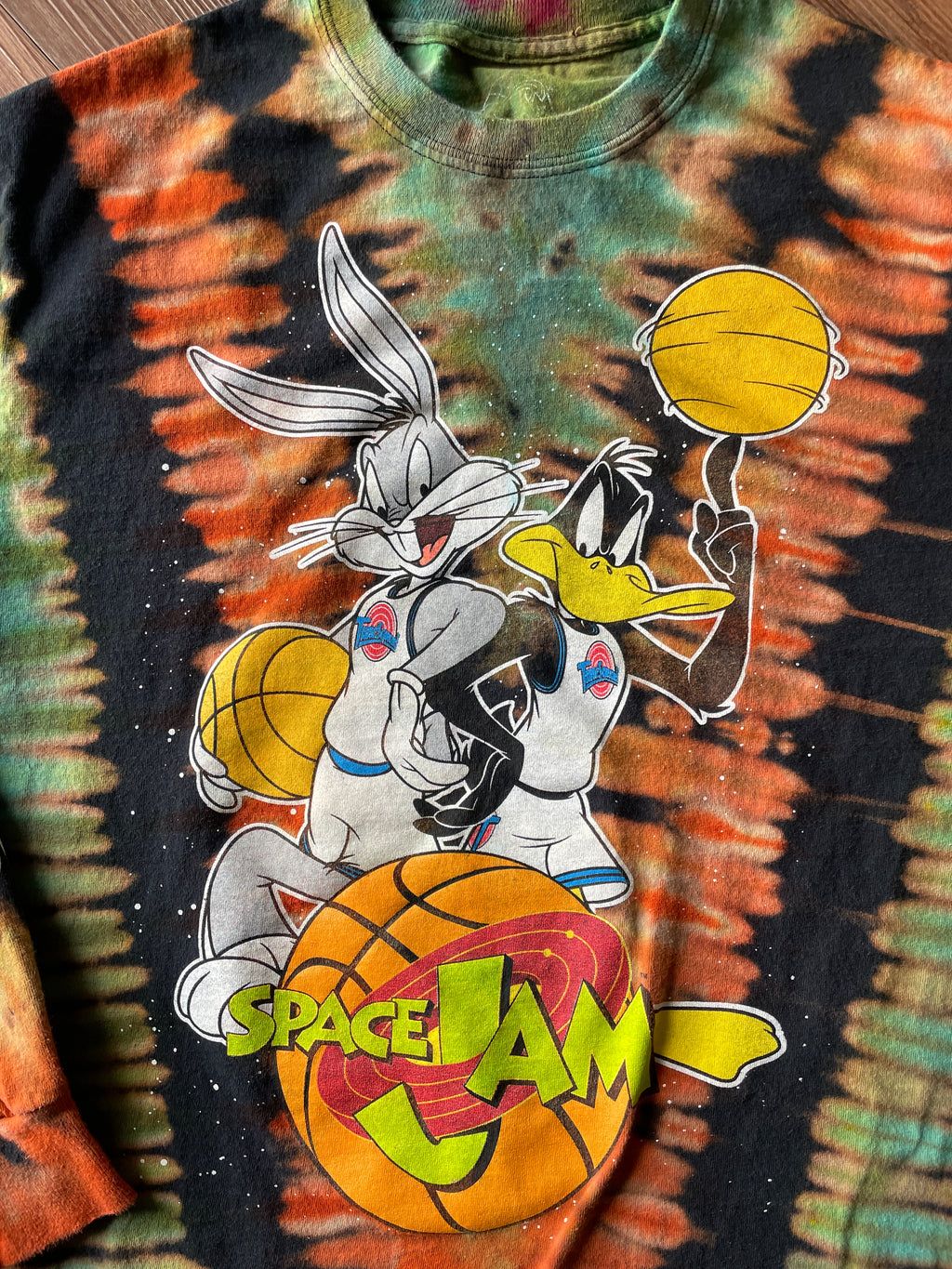 Small/Medium Men’s Space Jam Reverse Tie Dye Long Sleeve T-Shirt | Black, Orange, and Blue Pleated Long Sleeve