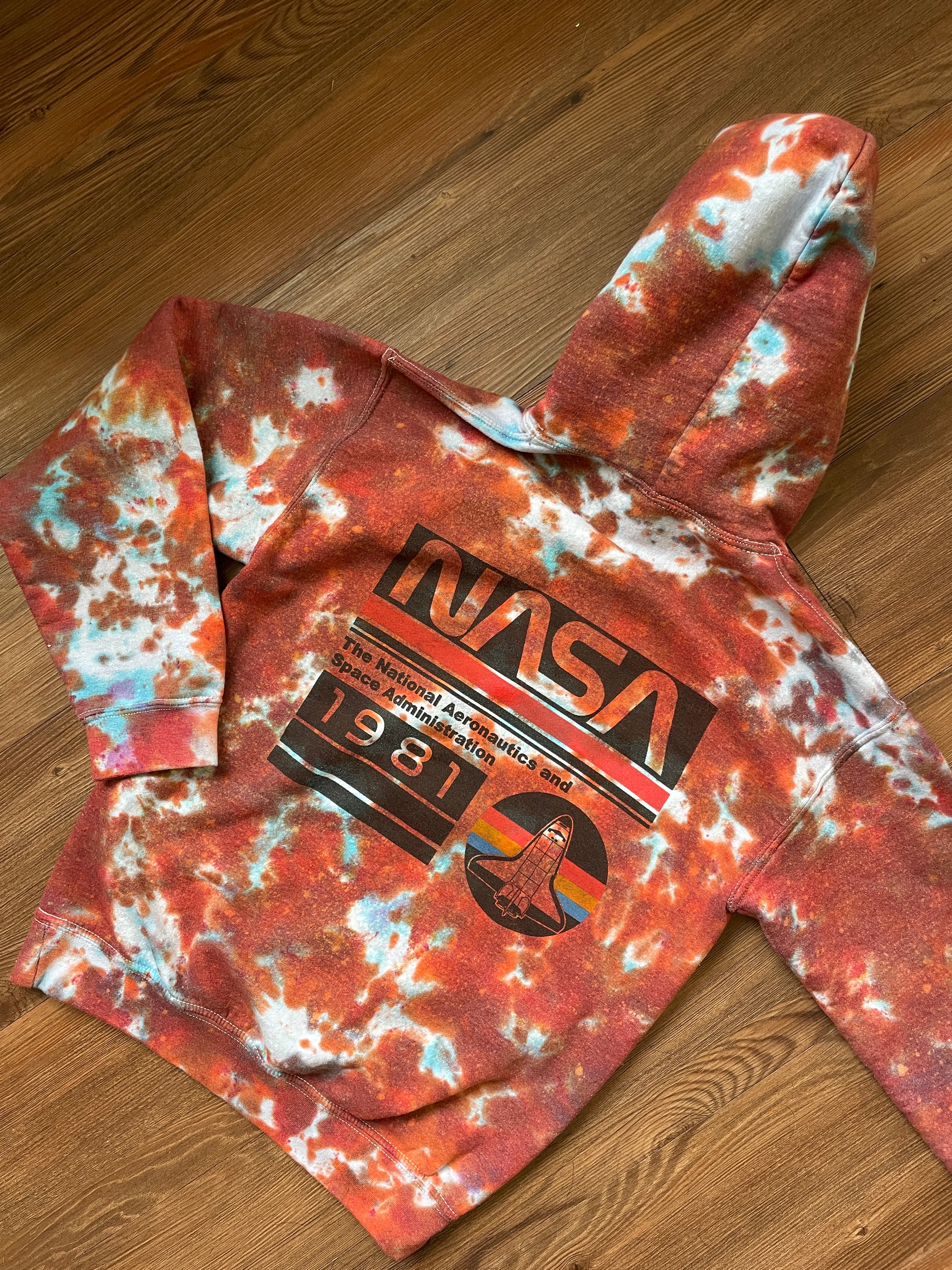 Small Men’s NASA Tie Dye Hoodie | Red and Orange Long Sleeve Hooded Sweatshirt