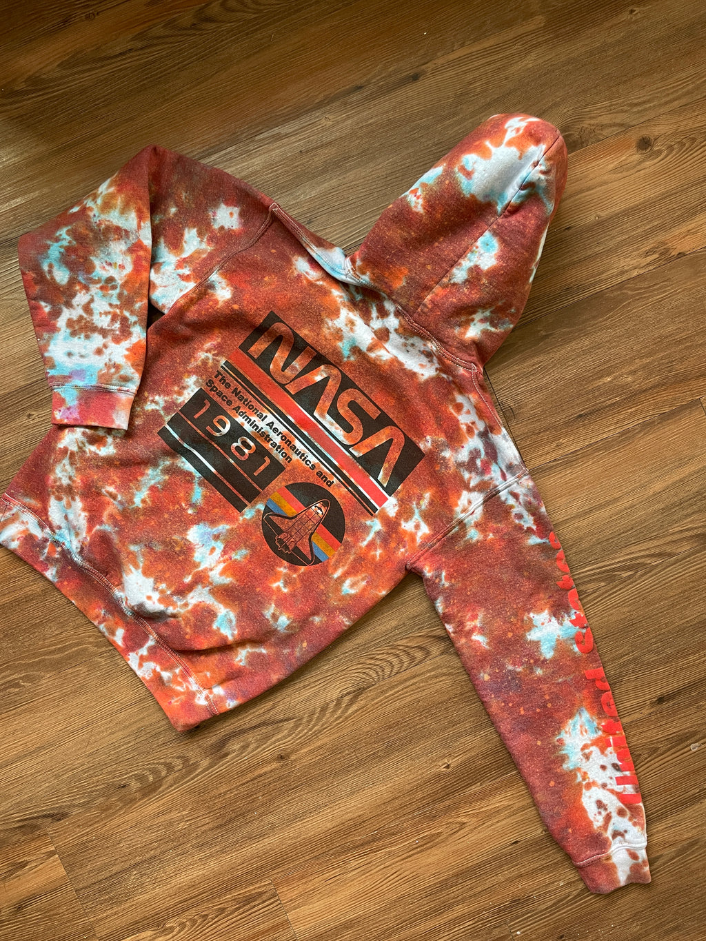 Small Men’s NASA Tie Dye Hoodie | Red and Orange Long Sleeve Hooded Sweatshirt