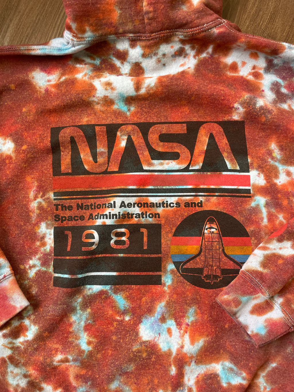 Small Men’s NASA Tie Dye Hoodie | Red and Orange Long Sleeve Hooded Sweatshirt