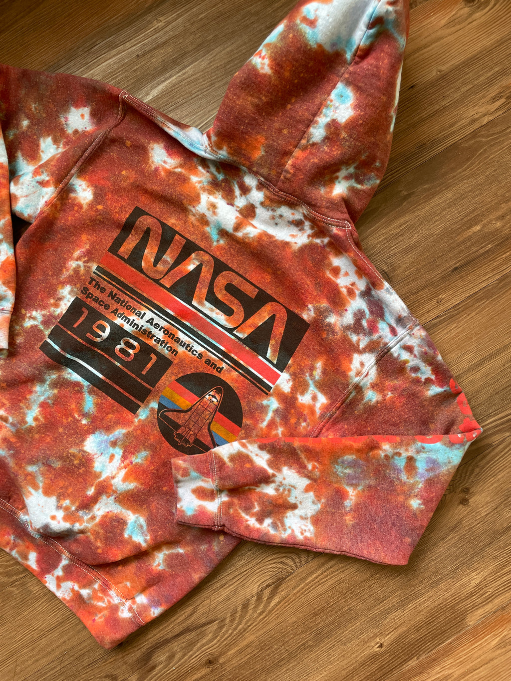 Small Men’s NASA Tie Dye Hoodie | Red and Orange Long Sleeve Hooded Sweatshirt