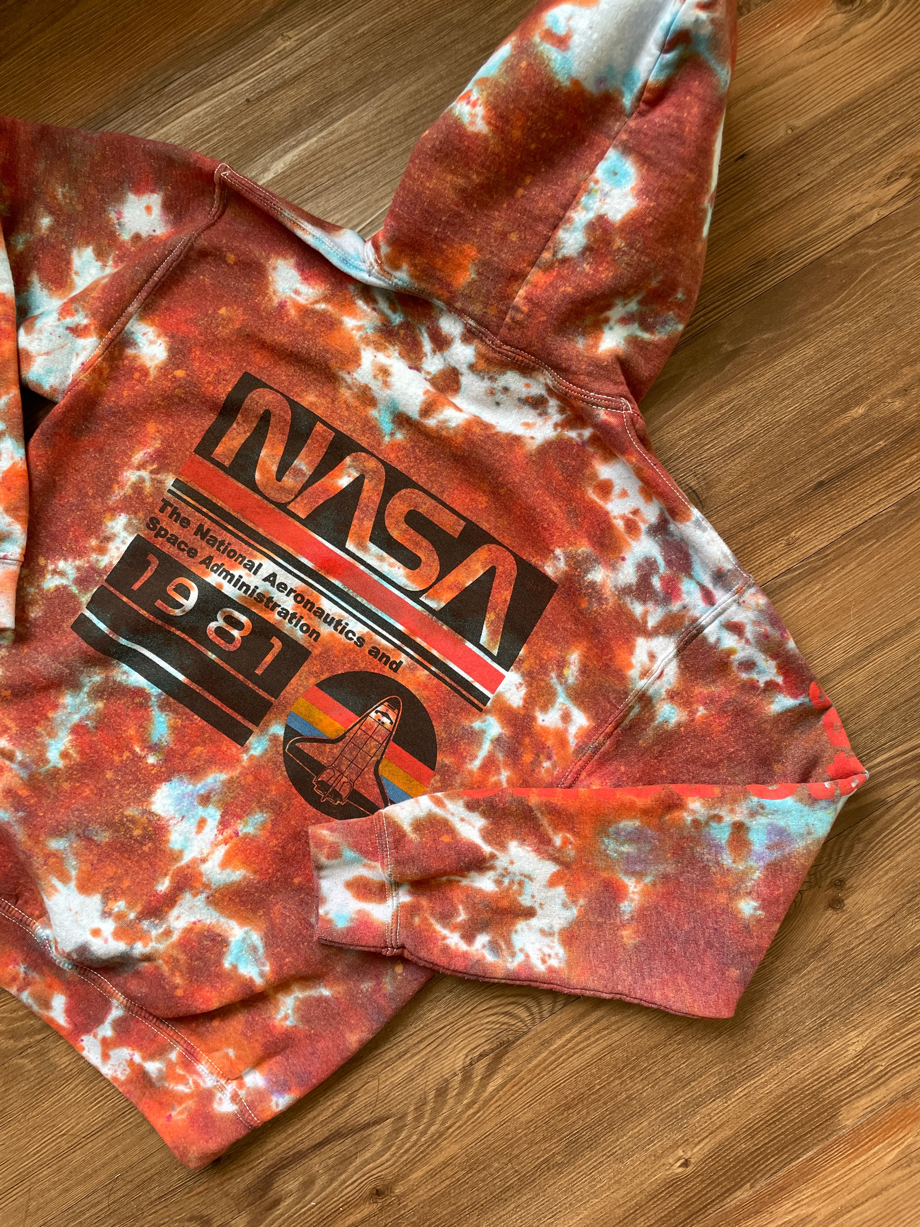 Small Men’s NASA Tie Dye Hoodie | Red and Orange Long Sleeve Hooded Sweatshirt