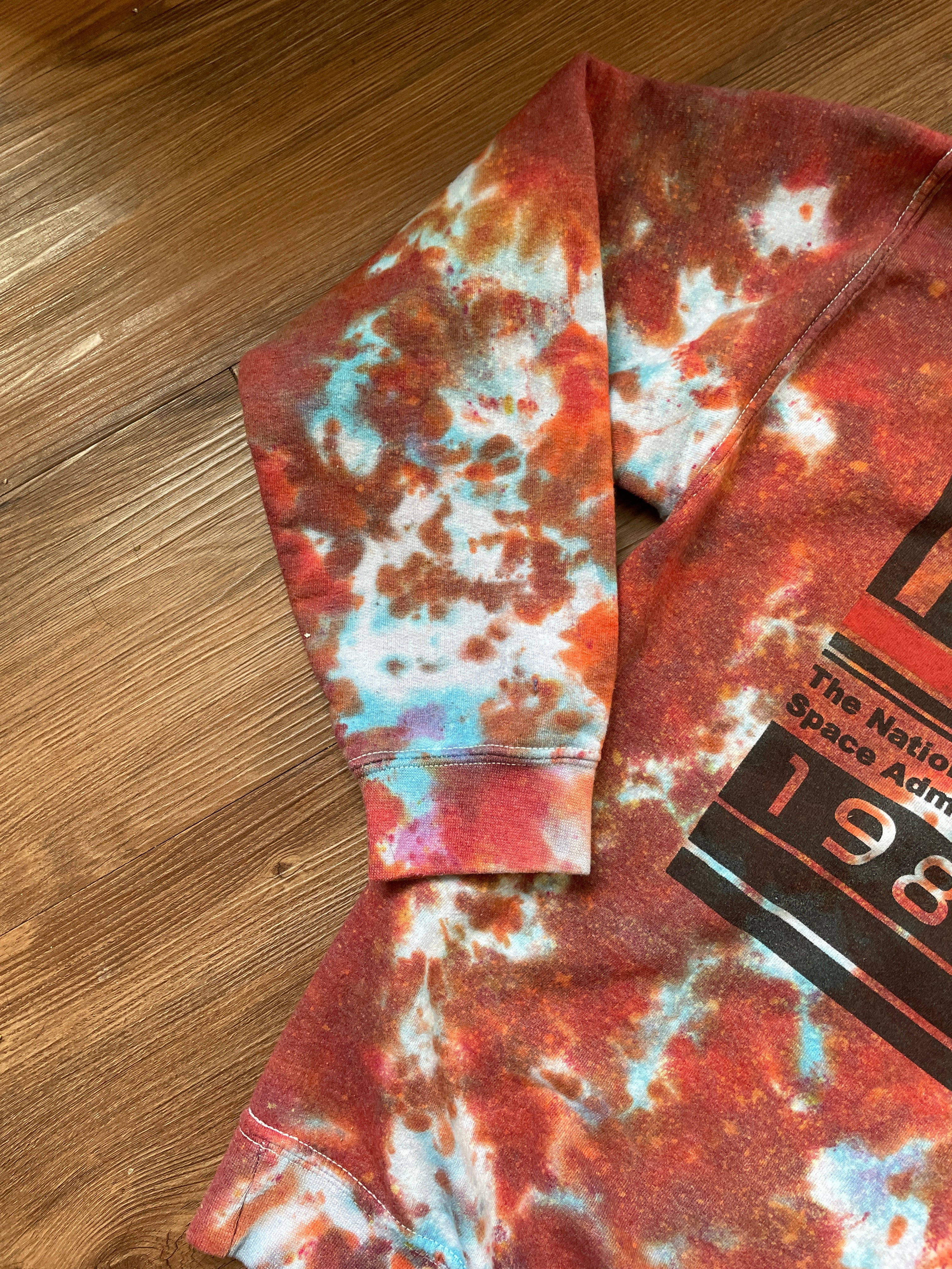 Small Men’s NASA Tie Dye Hoodie | Red and Orange Long Sleeve Hooded Sweatshirt