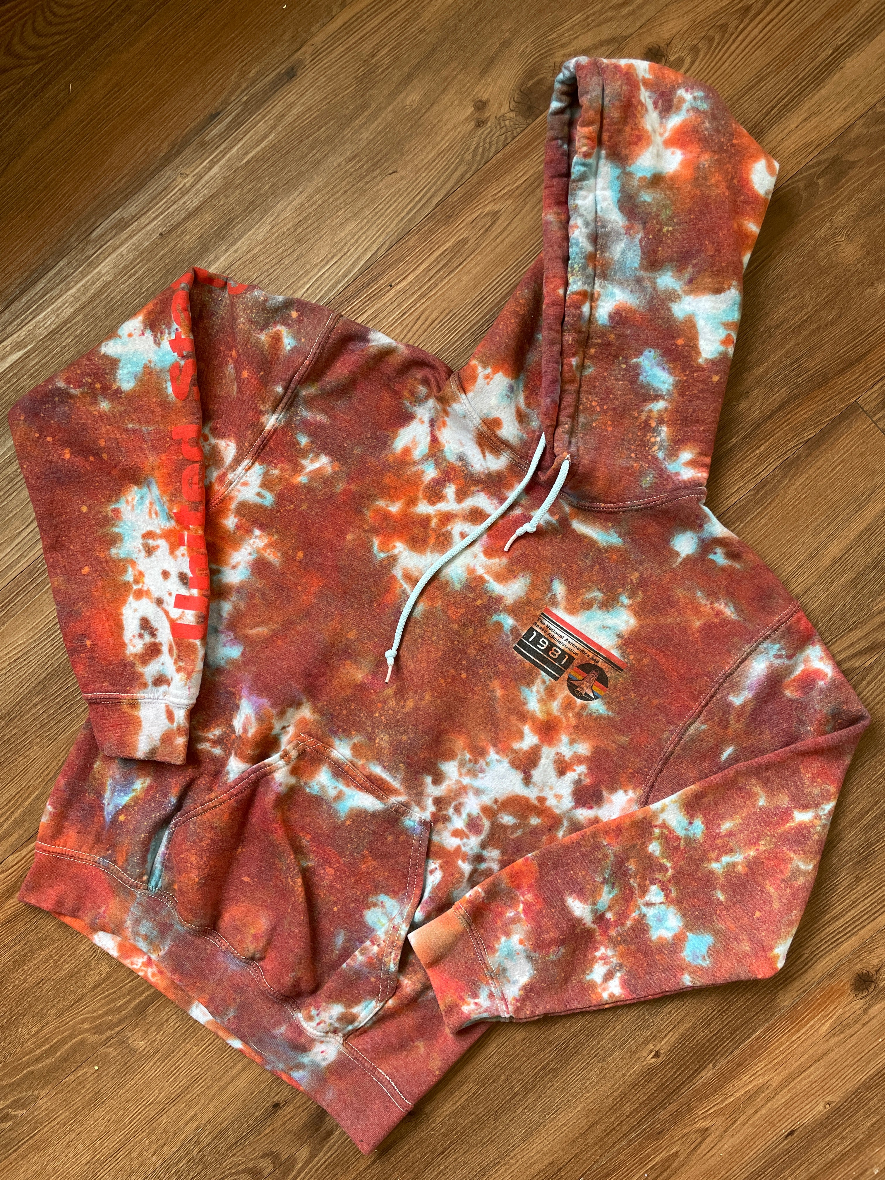 Small Men’s NASA Tie Dye Hoodie | Red and Orange Long Sleeve Hooded Sweatshirt