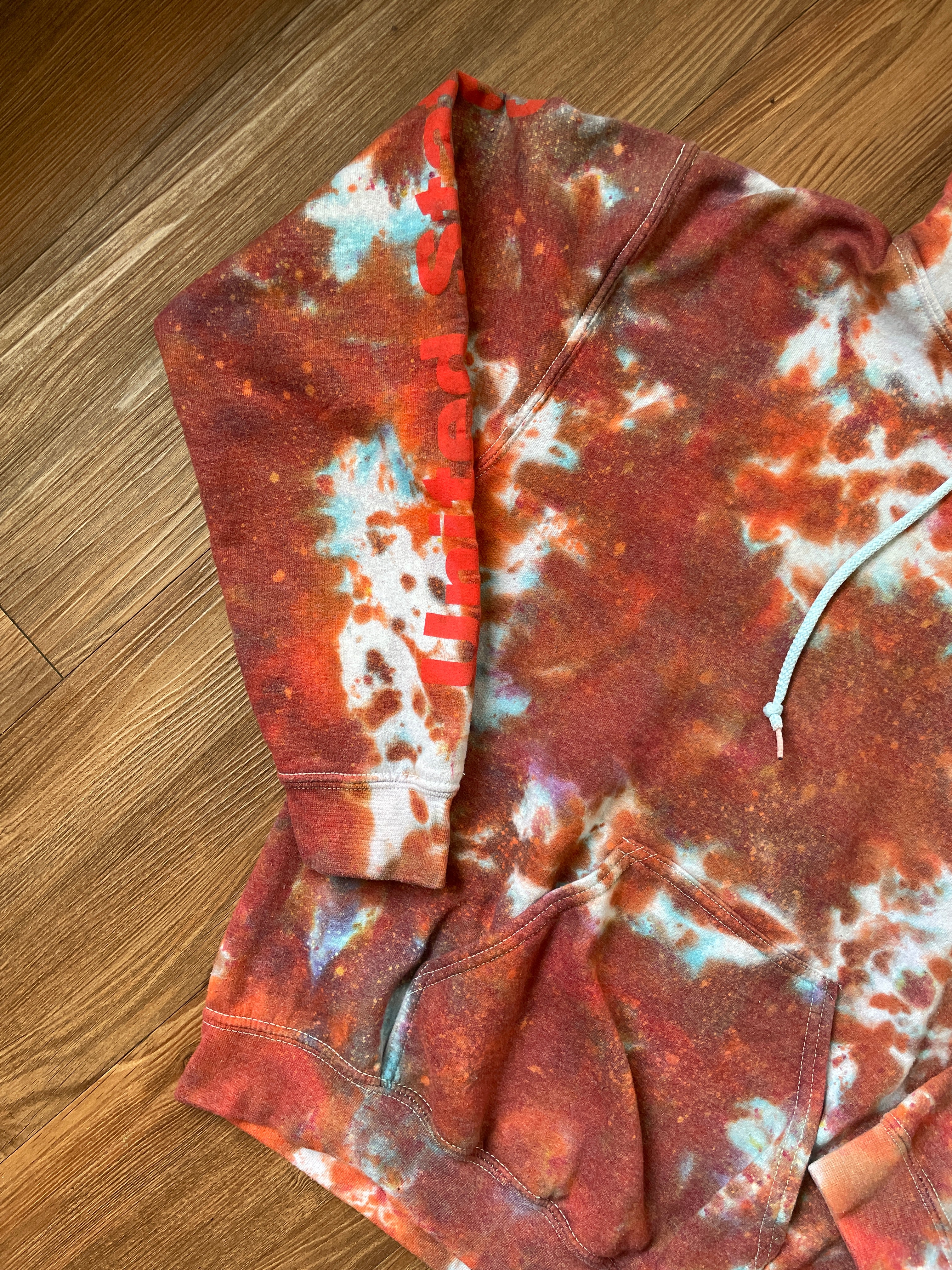 Small Men’s NASA Tie Dye Hoodie | Red and Orange Long Sleeve Hooded Sweatshirt