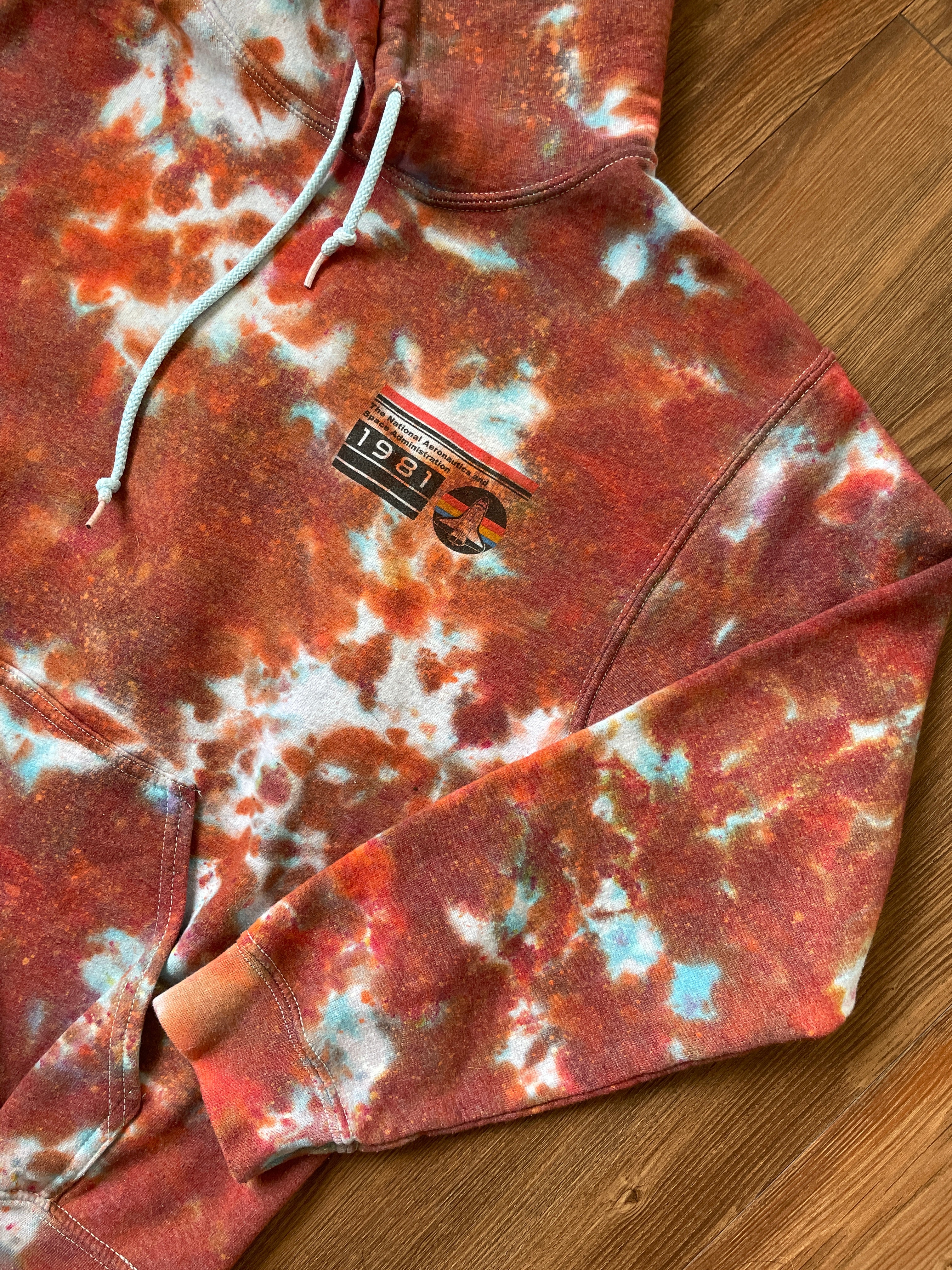 Small Men’s NASA Tie Dye Hoodie | Red and Orange Long Sleeve Hooded Sweatshirt