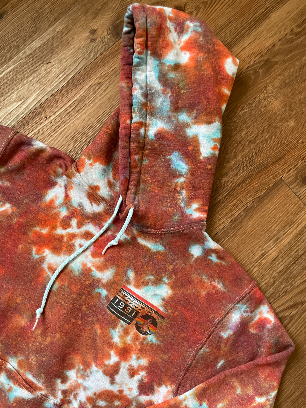 Small Men’s NASA Tie Dye Hoodie | Red and Orange Long Sleeve Hooded Sweatshirt