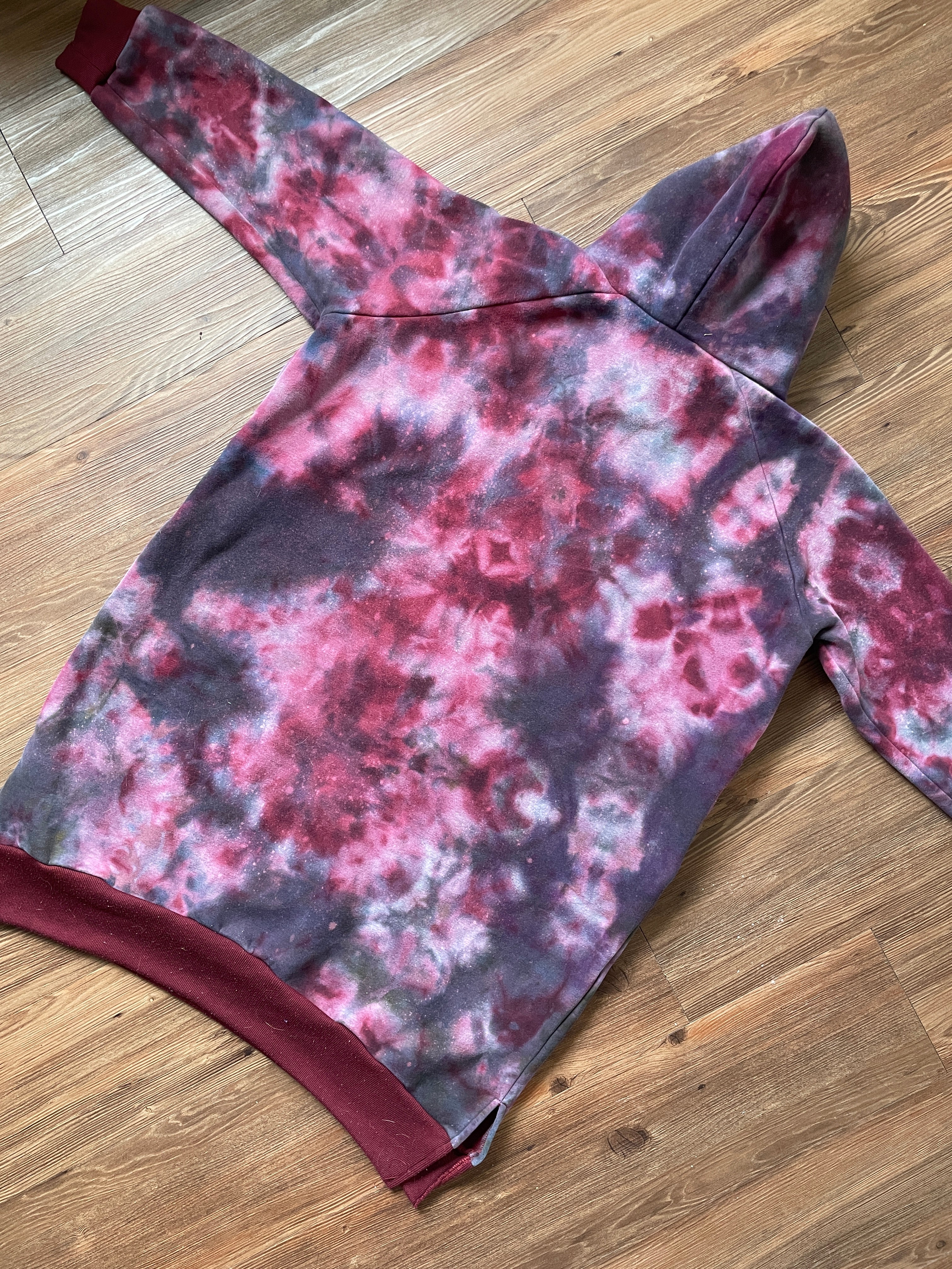 XL Women's/Medium Men's Dark Galaxy Tie Dye Hoodie | Maroon and Black Crumpled Oversized Hoodie with Pockets