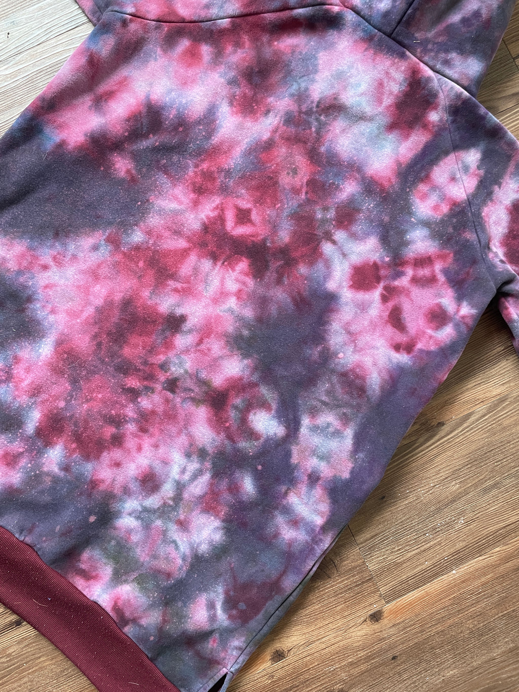 XL Women's/Medium Men's Dark Galaxy Tie Dye Hoodie | Maroon and Black Crumpled Oversized Hoodie with Pockets