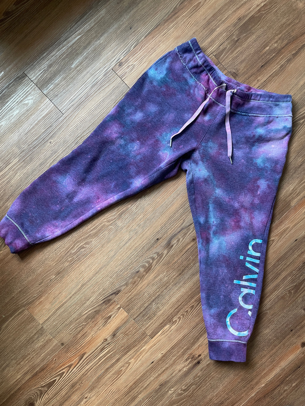 LARGE Women's Calvin Klein Galaxy Tie Dye Sweatpants | Shades of Blue and Purple Ice Dye Pants