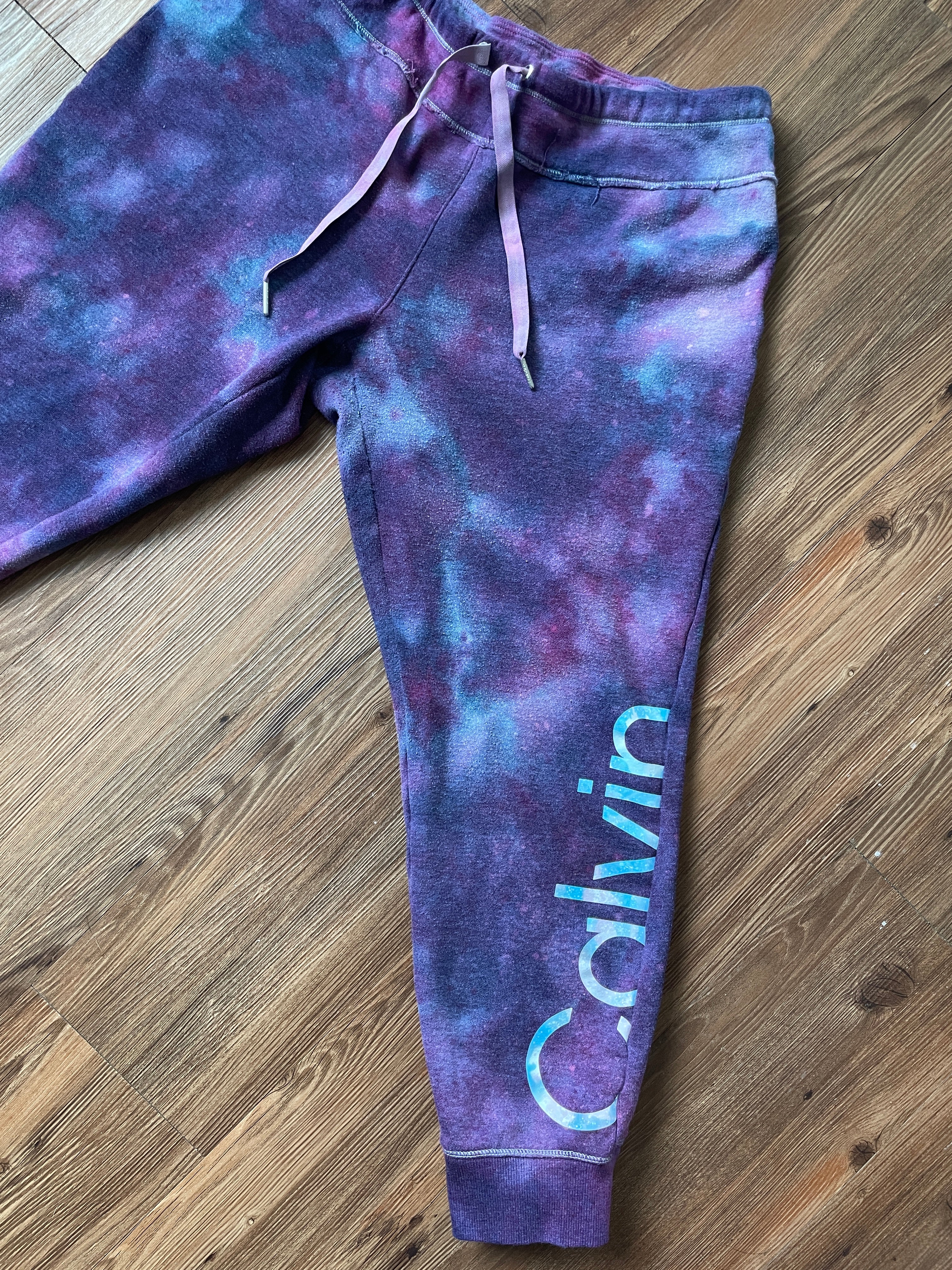 LARGE Women's Calvin Klein Galaxy Tie Dye Sweatpants | Shades of Blue and Purple Ice Dye Pants