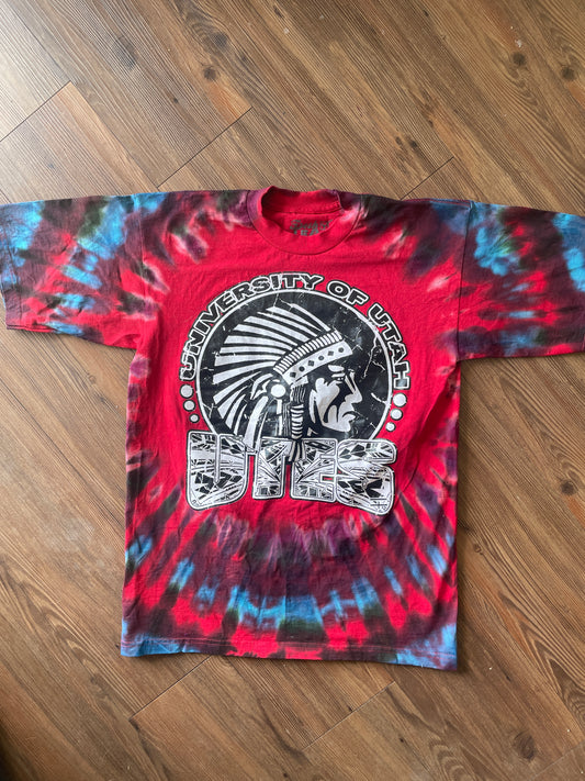Medium Men’s University of Utah Utes Tie Dye T-Shirt | Red Black and Blue Tie Dye Short Sleeve