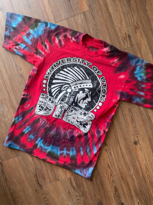 Medium Men’s University of Utah Utes Tie Dye T-Shirt | Red Black and Blue Tie Dye Short Sleeve