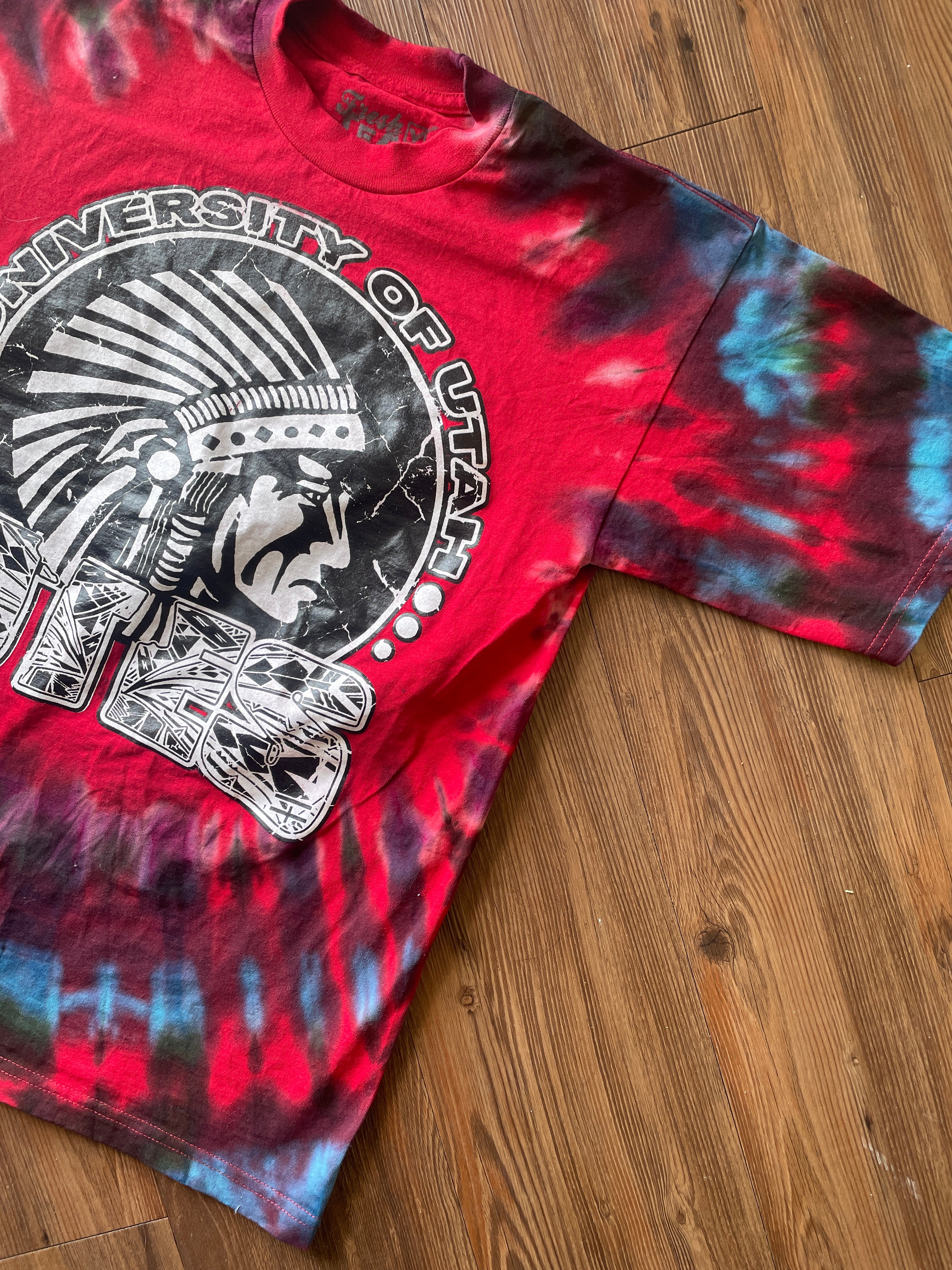 Medium Men’s University of Utah Utes Tie Dye T-Shirt | Red Black and Blue Tie Dye Short Sleeve