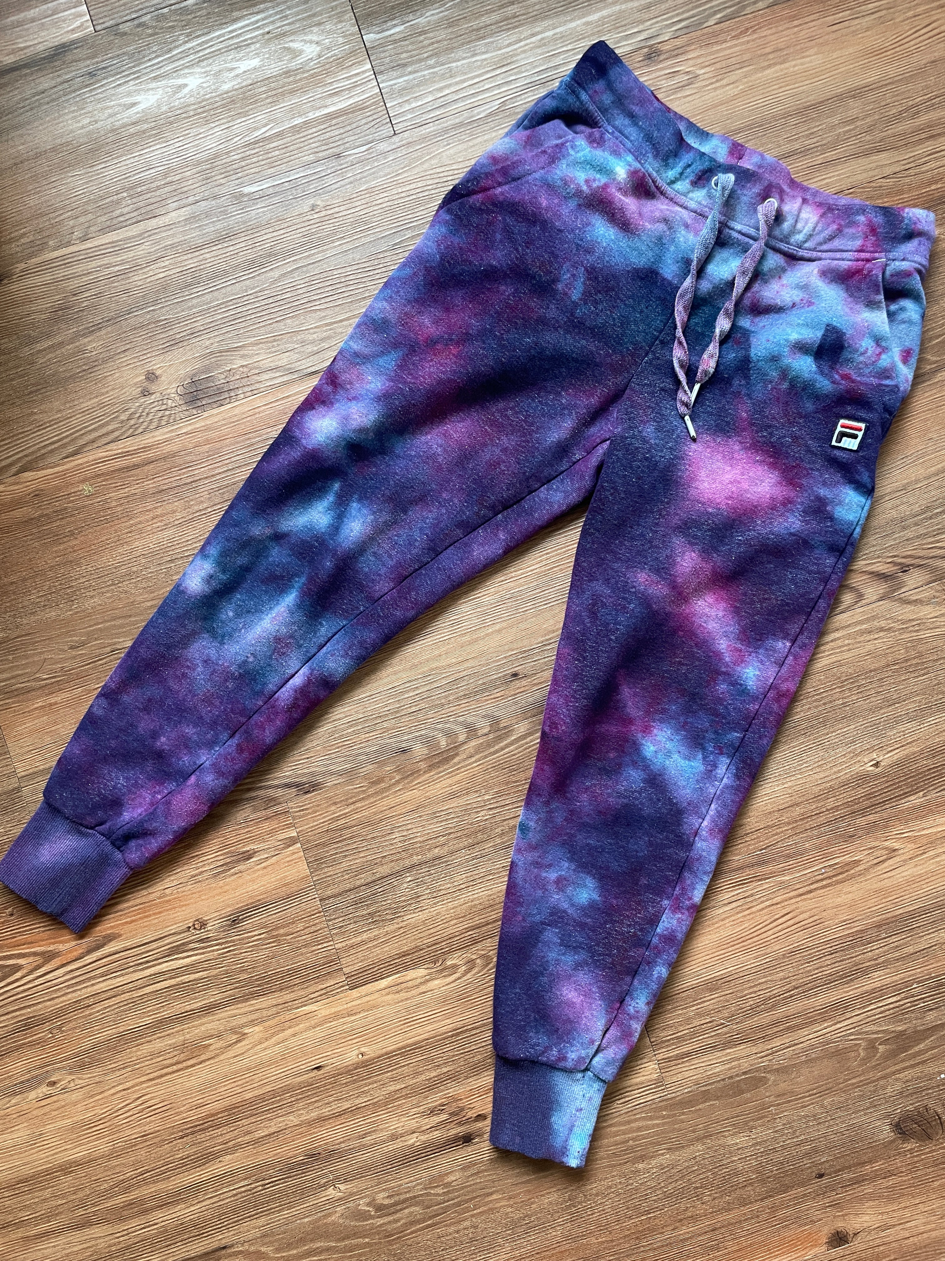 Small Women's Fila Galaxy Tie Dye Sweatpants with Pockets | Shades of Blue and Purple Ice Dye Pants