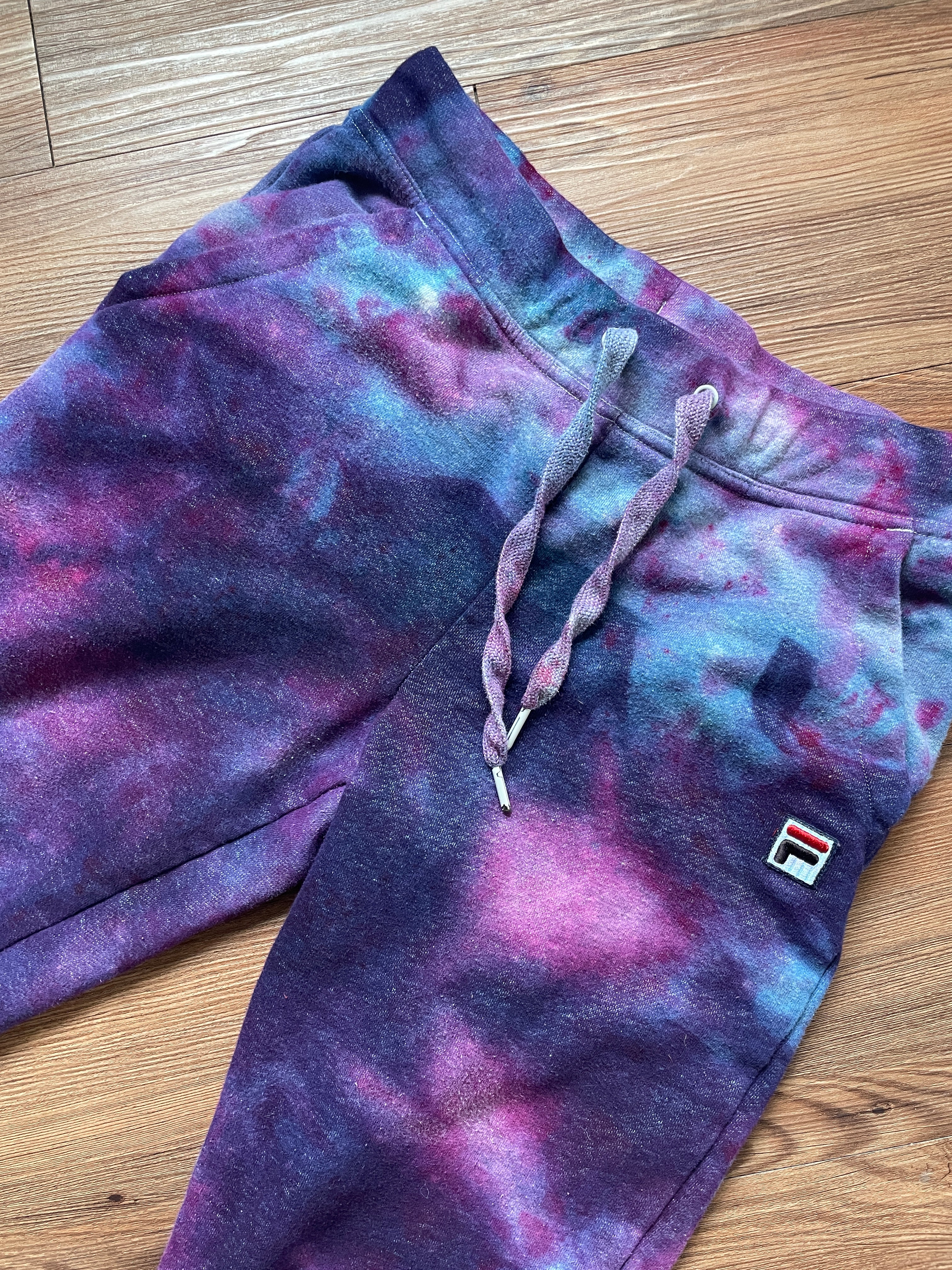 Small Women's Fila Galaxy Tie Dye Sweatpants with Pockets | Shades of Blue and Purple Ice Dye Pants