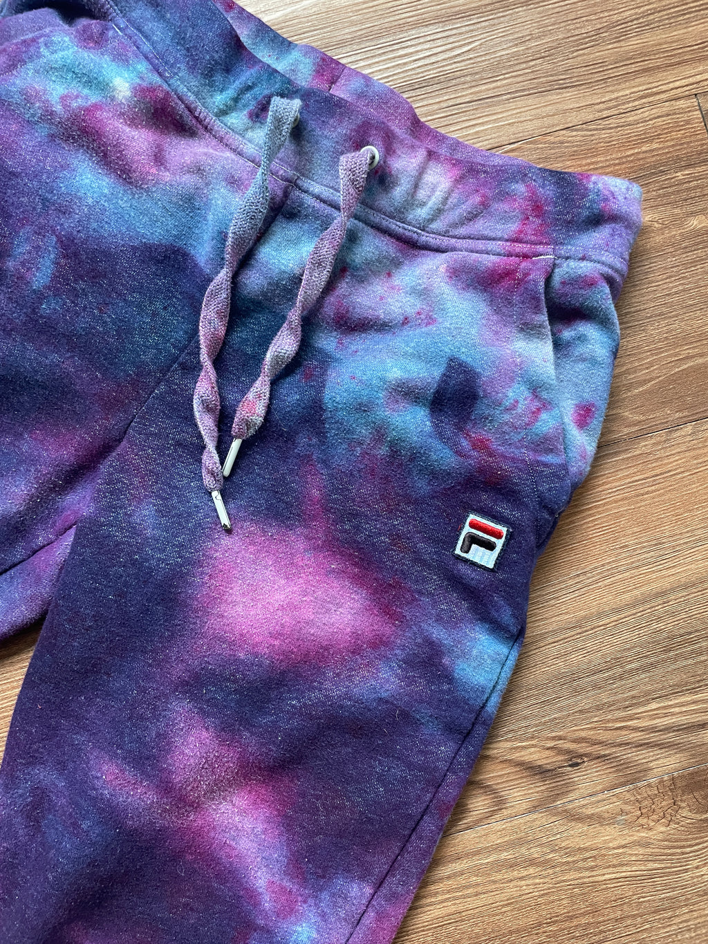 Small Women's Fila Galaxy Tie Dye Sweatpants with Pockets | Shades of Blue and Purple Ice Dye Pants