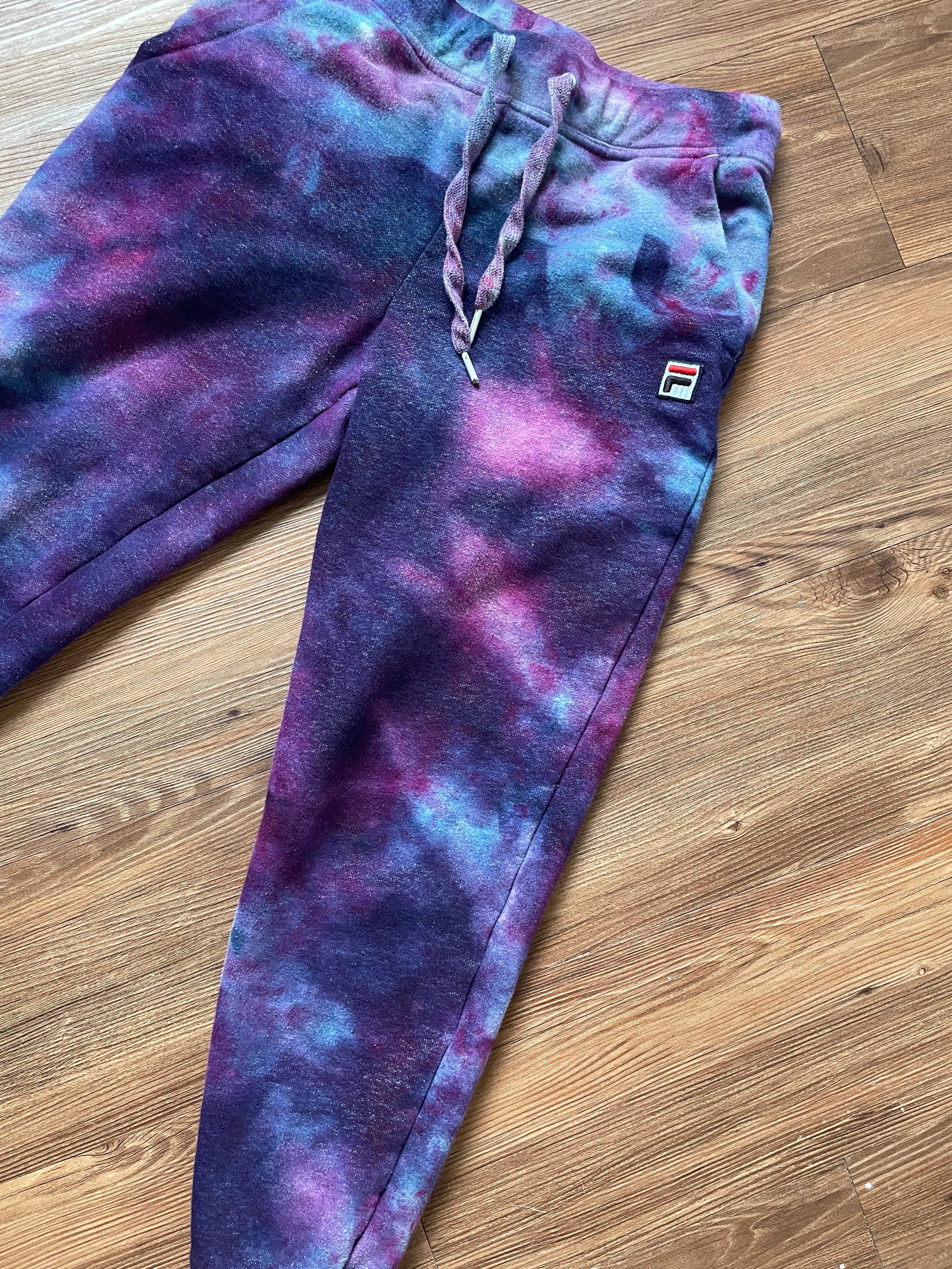 Small Women's Fila Galaxy Tie Dye Sweatpants with Pockets | Shades of Blue and Purple Ice Dye Pants