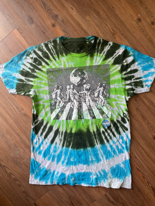 Medium Men’s NASA Dance on the Moon Tie Dye T-Shirt | Blue and Green Tie Dye Short Sleeve