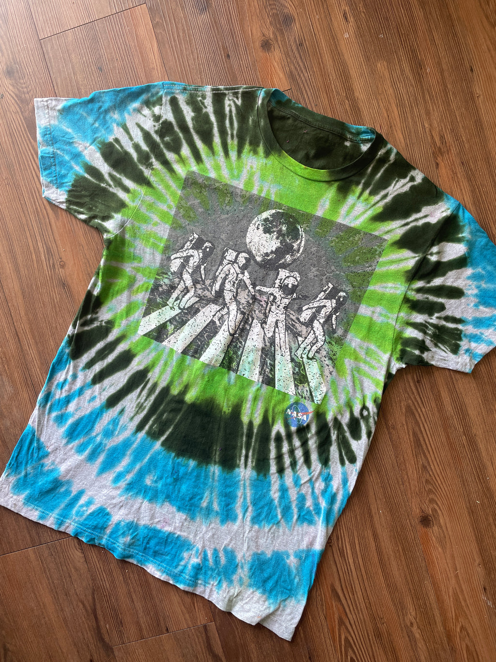 Medium Men’s NASA Dance on the Moon Tie Dye T-Shirt | Blue and Green Tie Dye Short Sleeve