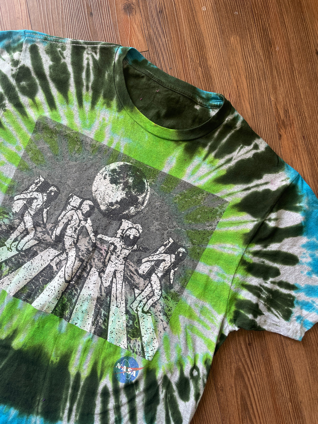 Medium Men’s NASA Dance on the Moon Tie Dye T-Shirt | Blue and Green Tie Dye Short Sleeve