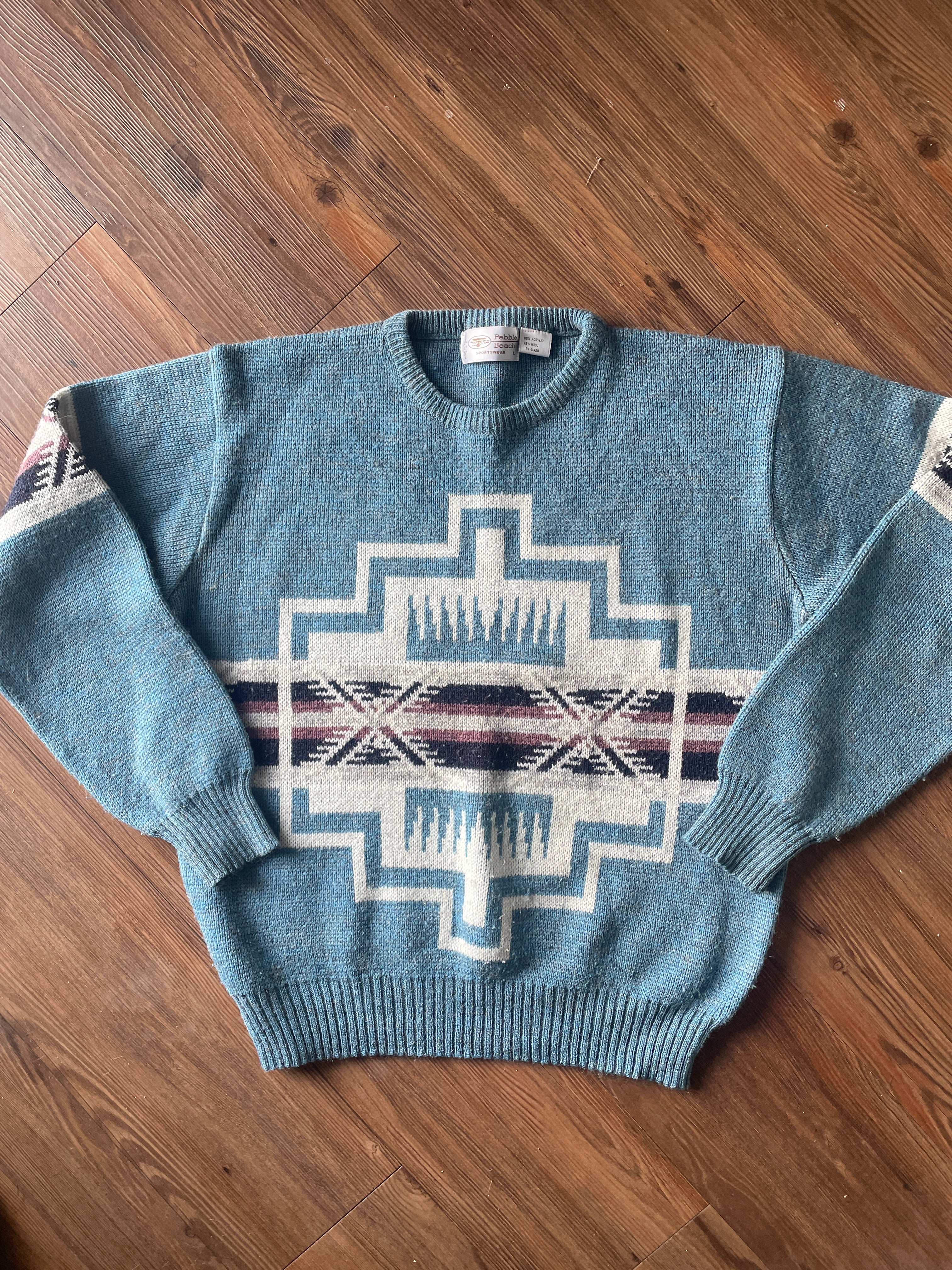 Women’s Medium Vintage Pebble Beach Southwest Blue Geometric Knit Sweater