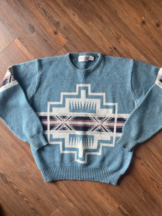 Women’s Medium Vintage Pebble Beach Southwest Blue Geometric Knit Sweater