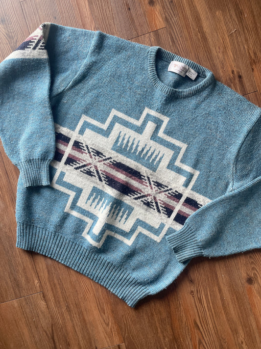 Women’s Medium Vintage Pebble Beach Southwest Blue Geometric Knit Sweater