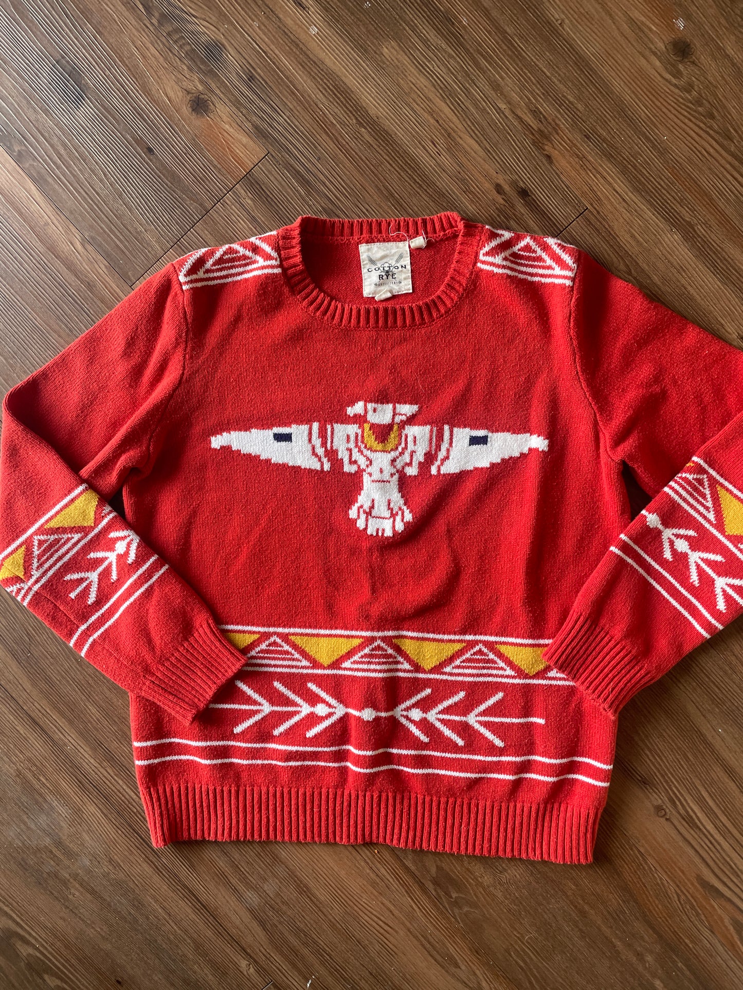 Small Women’s Red Cotton & Rye Southwestern Geometric Thunderbird Sweater