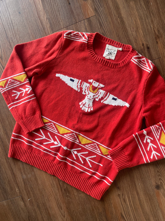 Small Women’s Red Cotton & Rye Southwestern Geometric Thunderbird Sweater