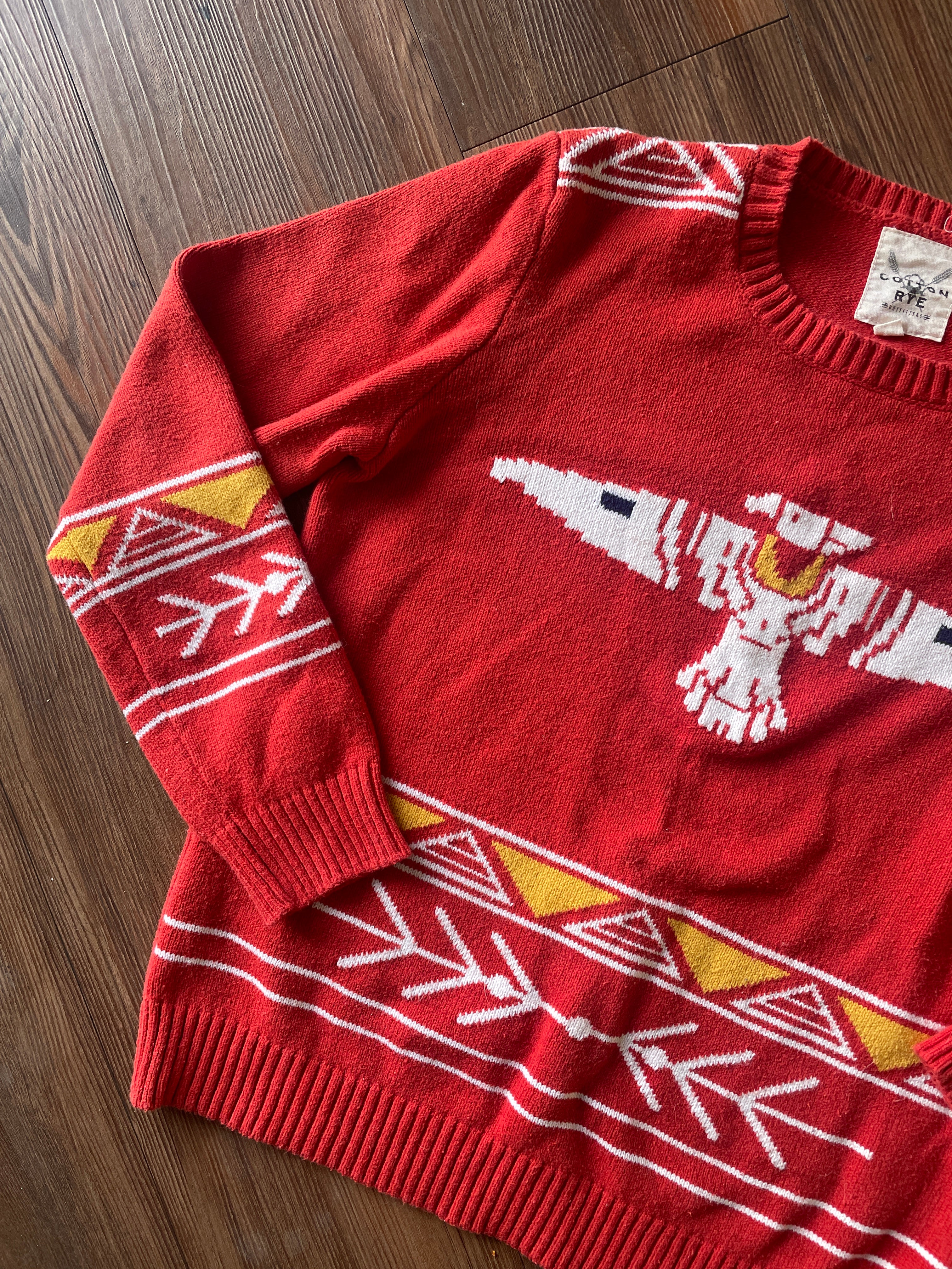 Small Women’s Red Cotton & Rye Southwestern Geometric Thunderbird Sweater