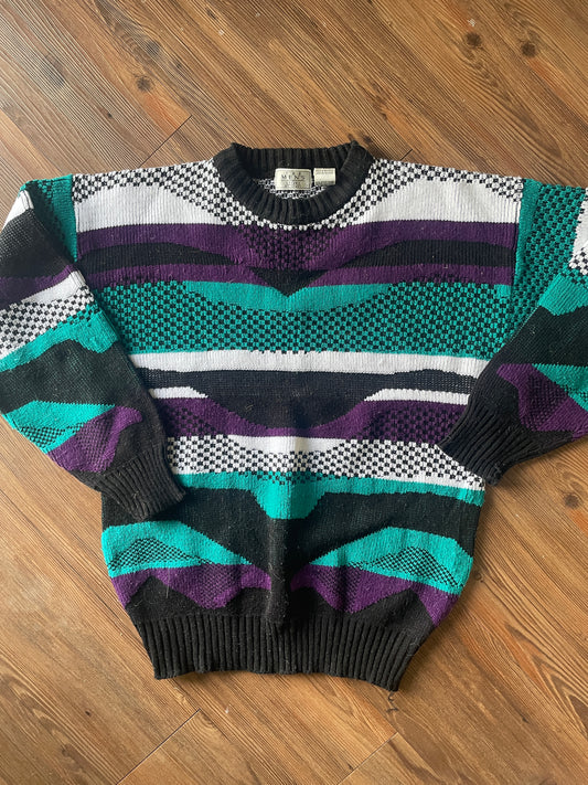 Medium The Sears Men’s Store Purple and Green Coogi-Style 90s Geometric Knit Sweater