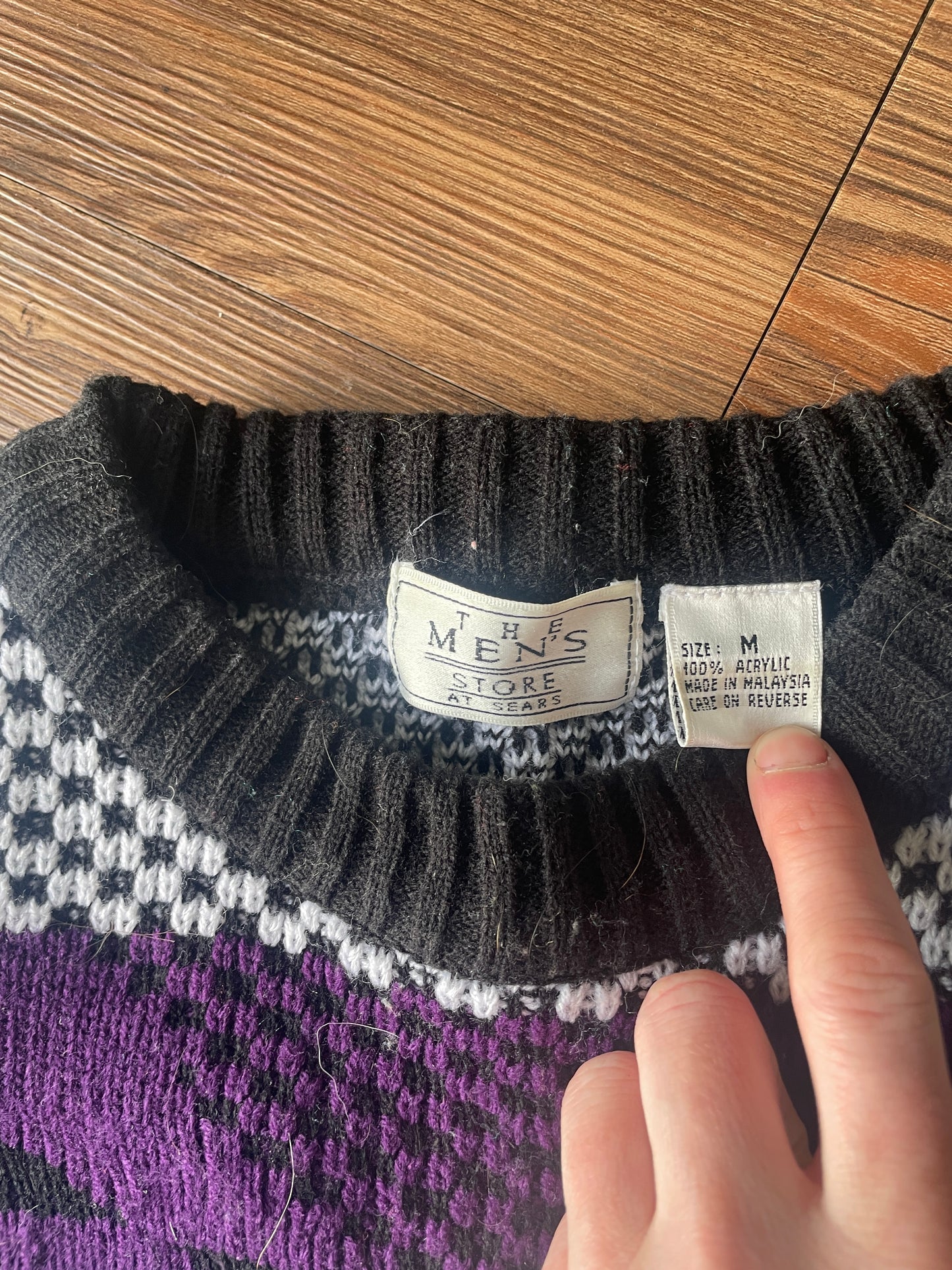 Medium The Sears Men’s Store Purple and Green Coogi-Style 90s Geometric Knit Sweater