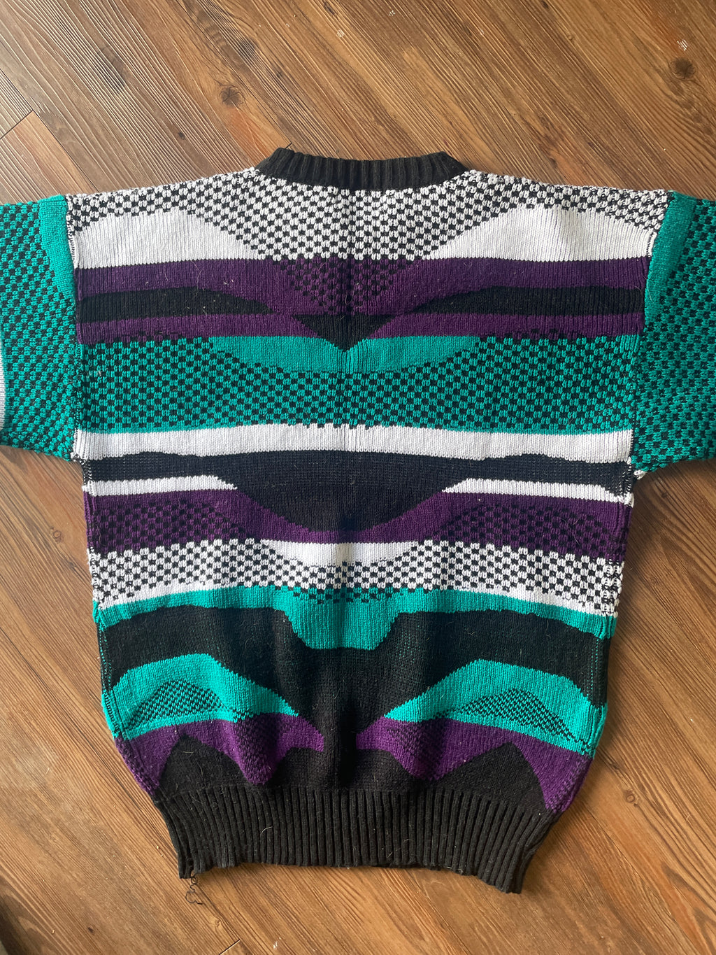 Medium The Sears Men’s Store Purple and Green Coogi-Style 90s Geometric Knit Sweater