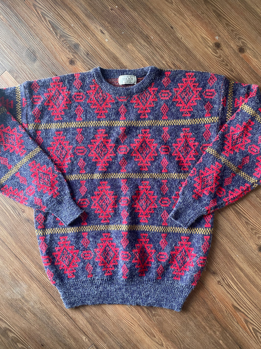 Large The Sears Men’s Store Vintage Navy Blue and Red 90s Geometric Knit Sweater