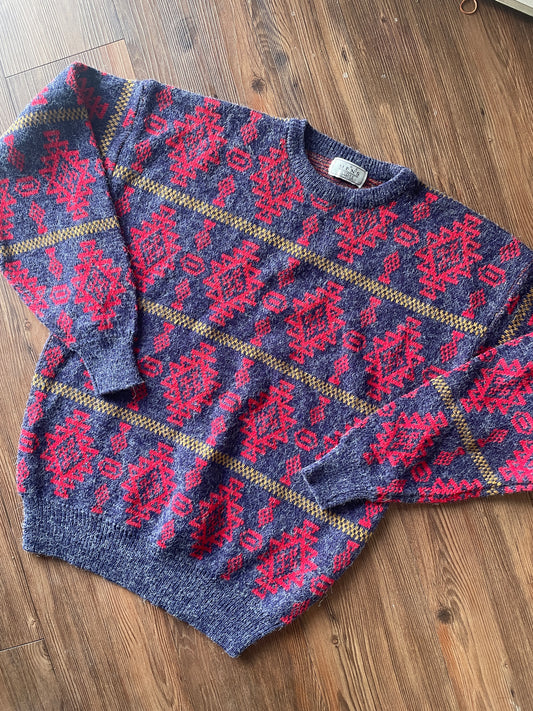 Large The Sears Men’s Store Vintage Navy Blue and Red 90s Geometric Knit Sweater