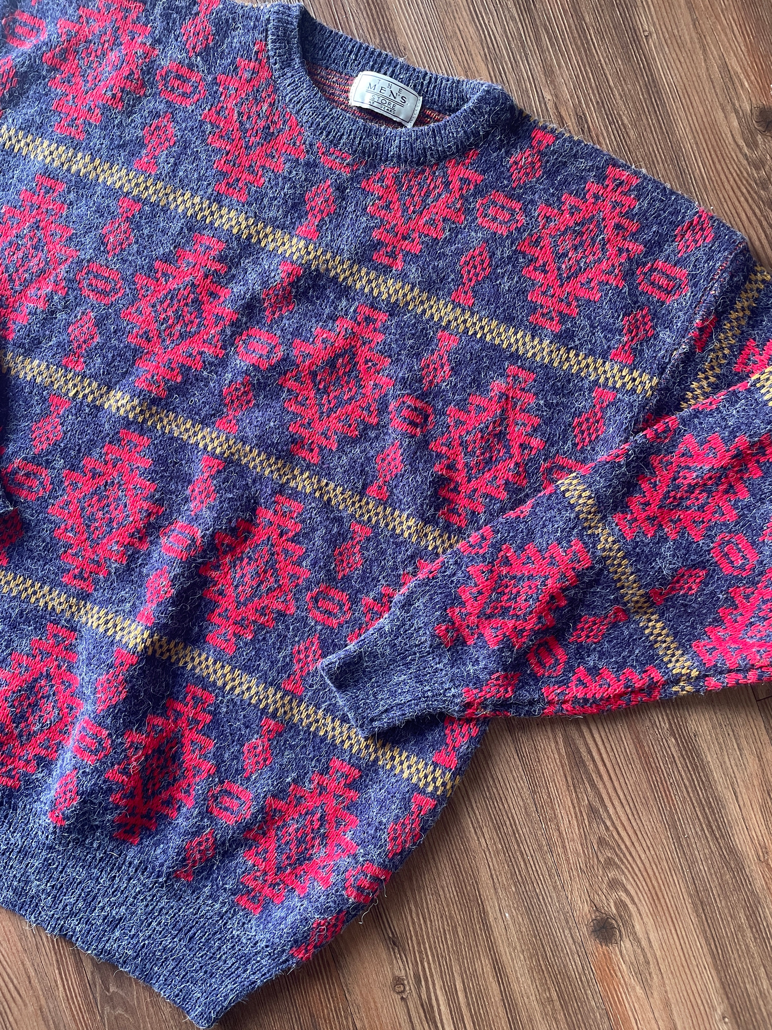 Large The Sears Men’s Store Vintage Navy Blue and Red 90s Geometric Knit Sweater