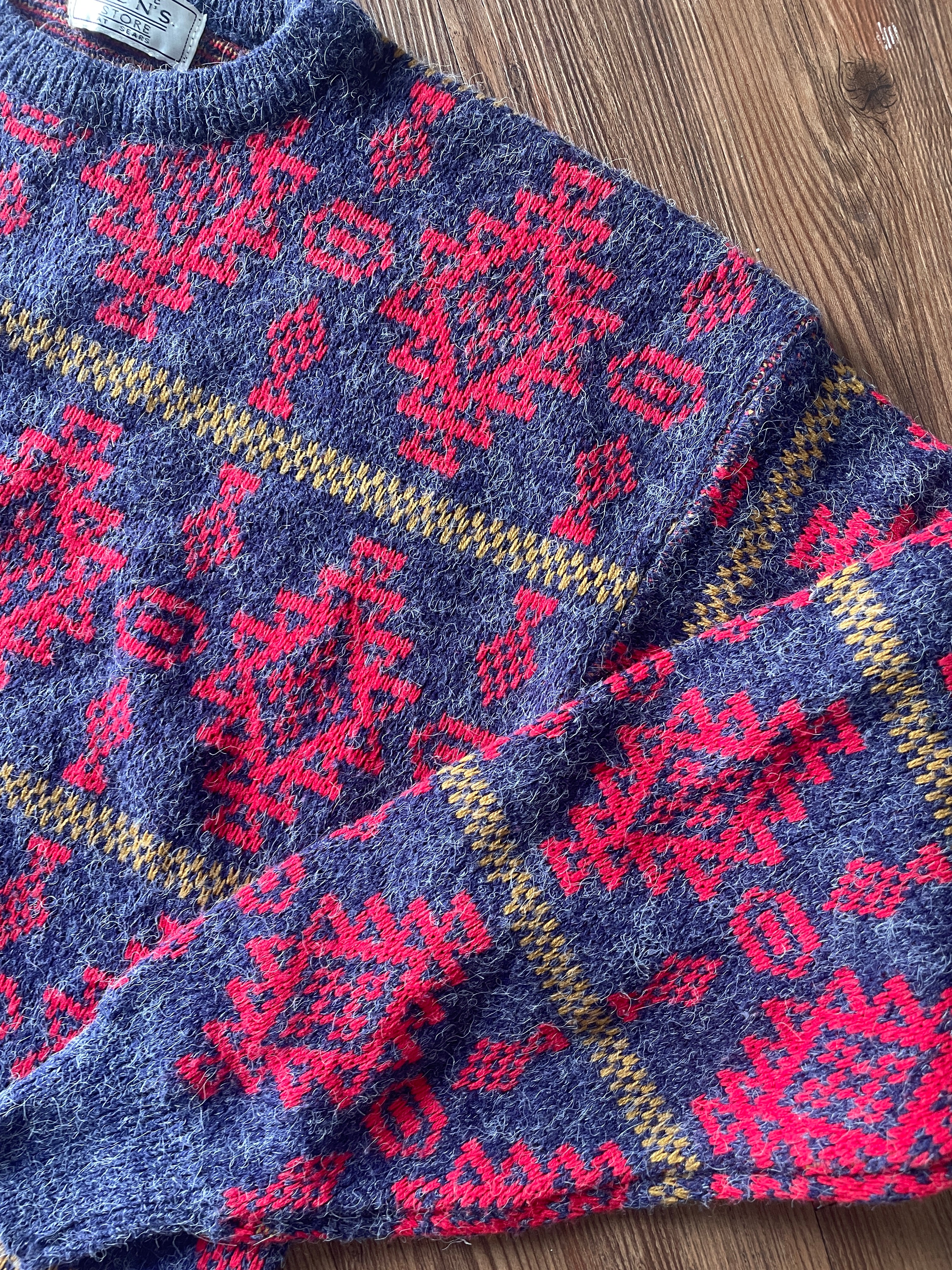 Large The Sears Men’s Store Vintage Navy Blue and Red 90s Geometric Knit Sweater
