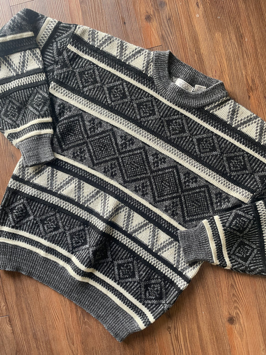 Large The Sears Men’s Store Vintage 90s Two Black and White Striped Geometric Knit Sweater