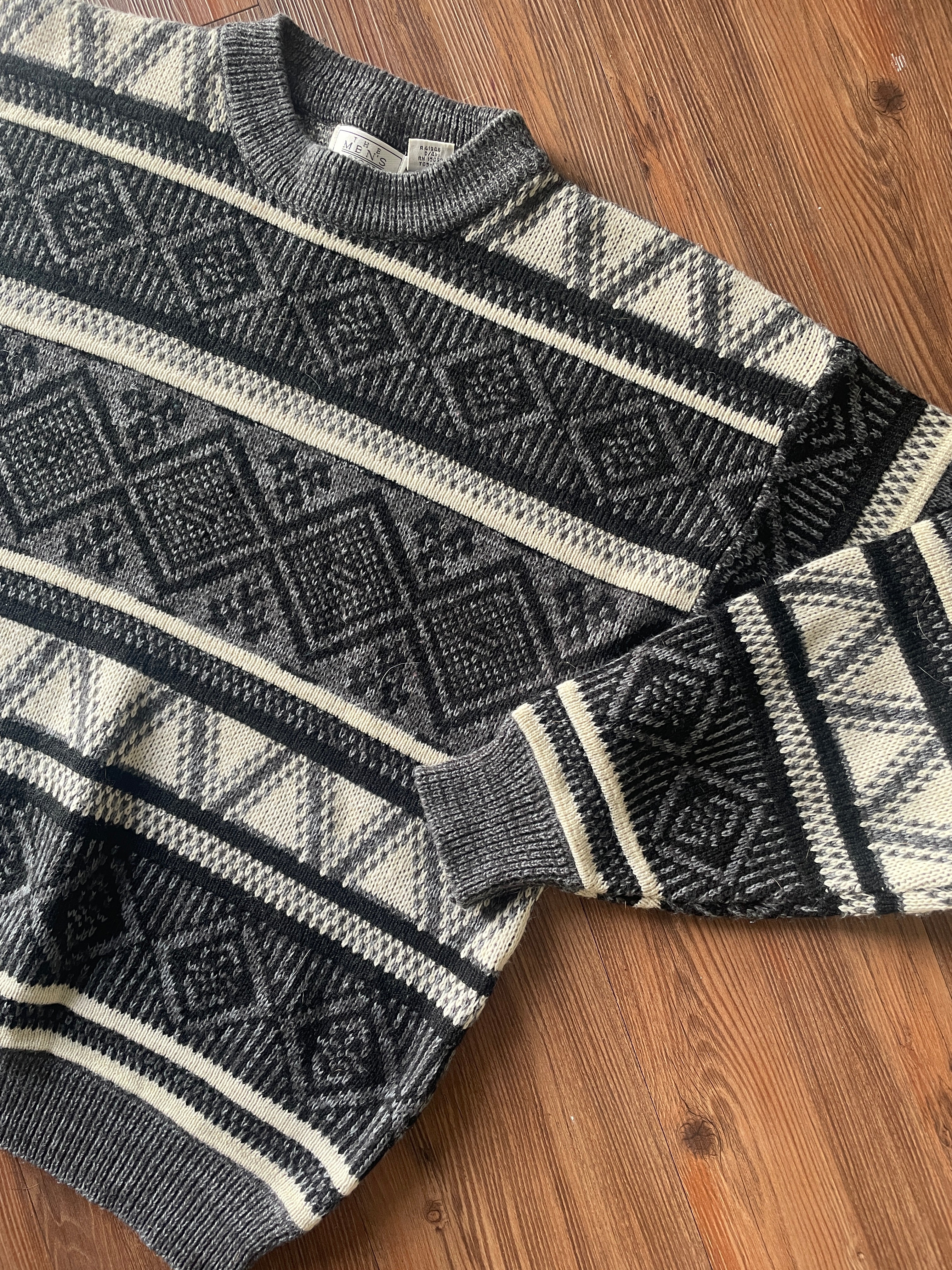 Large The Sears Men’s Store Vintage 90s Two Black and White Striped Geometric Knit Sweater