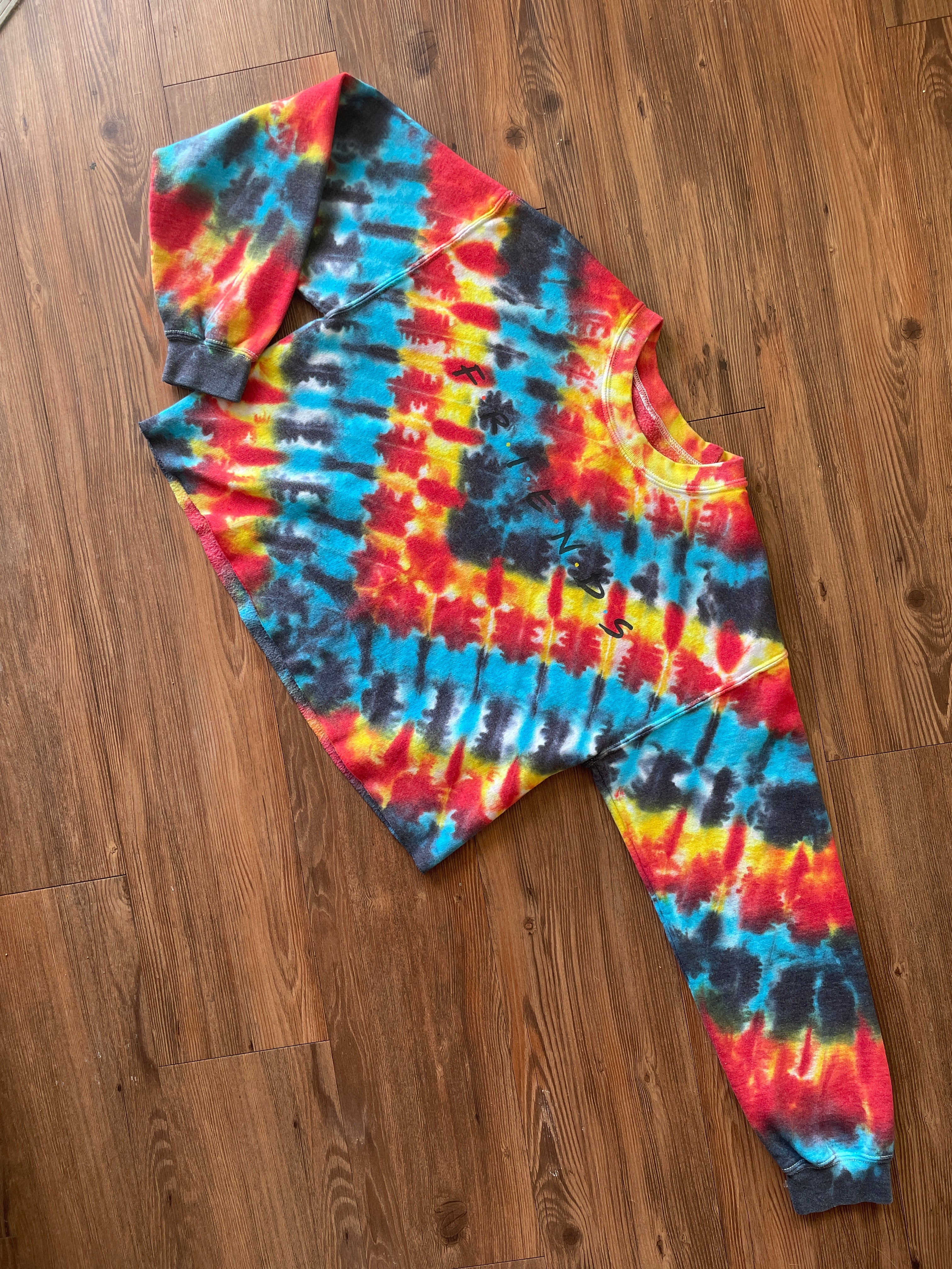 MEDIUM Women's Friends Red, White, Yellow, and Black Tie Dye Cropped Crewneck Sweatshirt