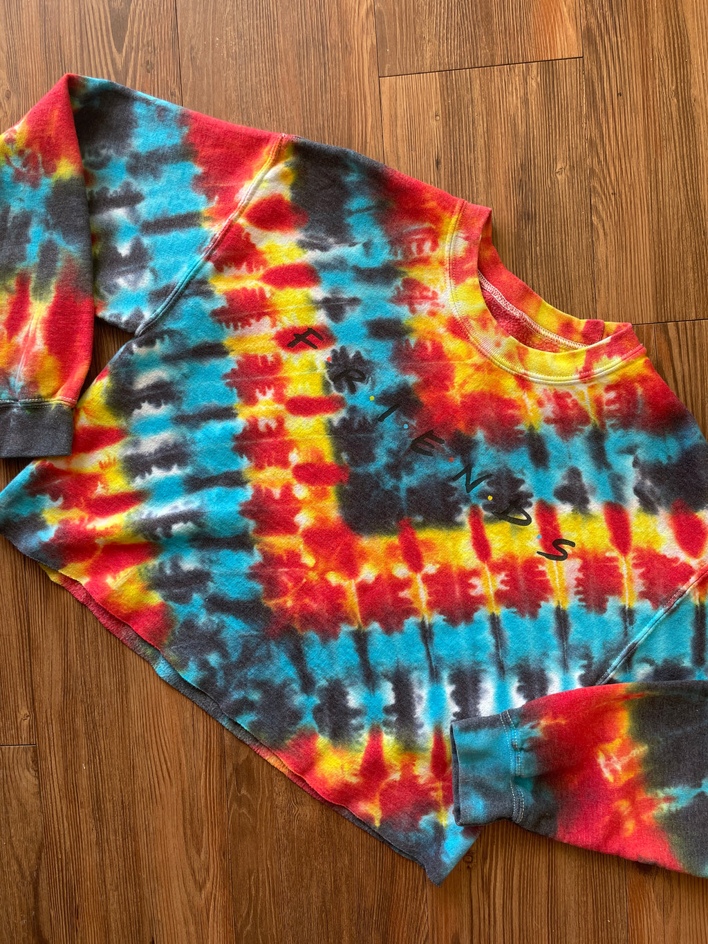 MEDIUM Women's Friends Red, White, Yellow, and Black Tie Dye Cropped Crewneck Sweatshirt