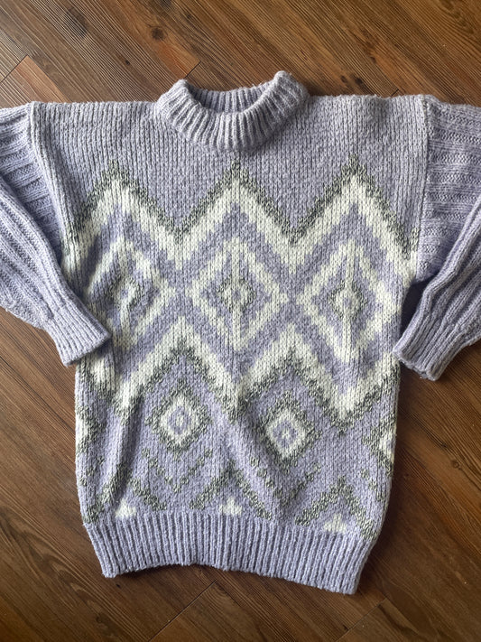 Medium Women’s Changes Vintage 80s Pastel Purple, Gray, and White Sweater