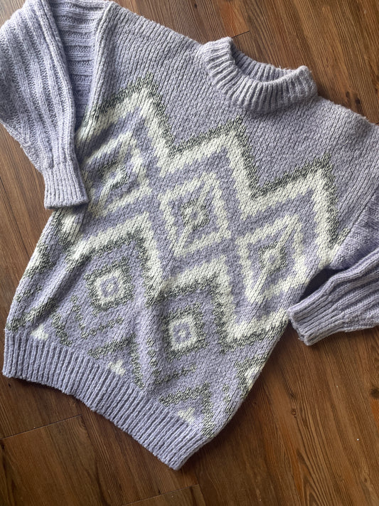 Medium Women’s Changes Vintage 80s Pastel Purple, Gray, and White Sweater