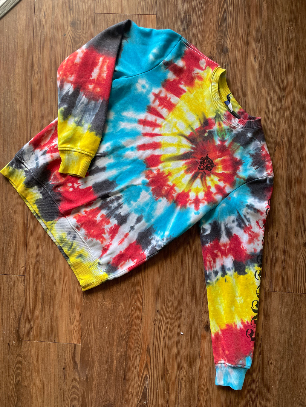 SMALL Men’s Last Night Tiger Tie Dye Sweatshirt | Red, Yellow, Blue, and Black Spiral Long Sleeve