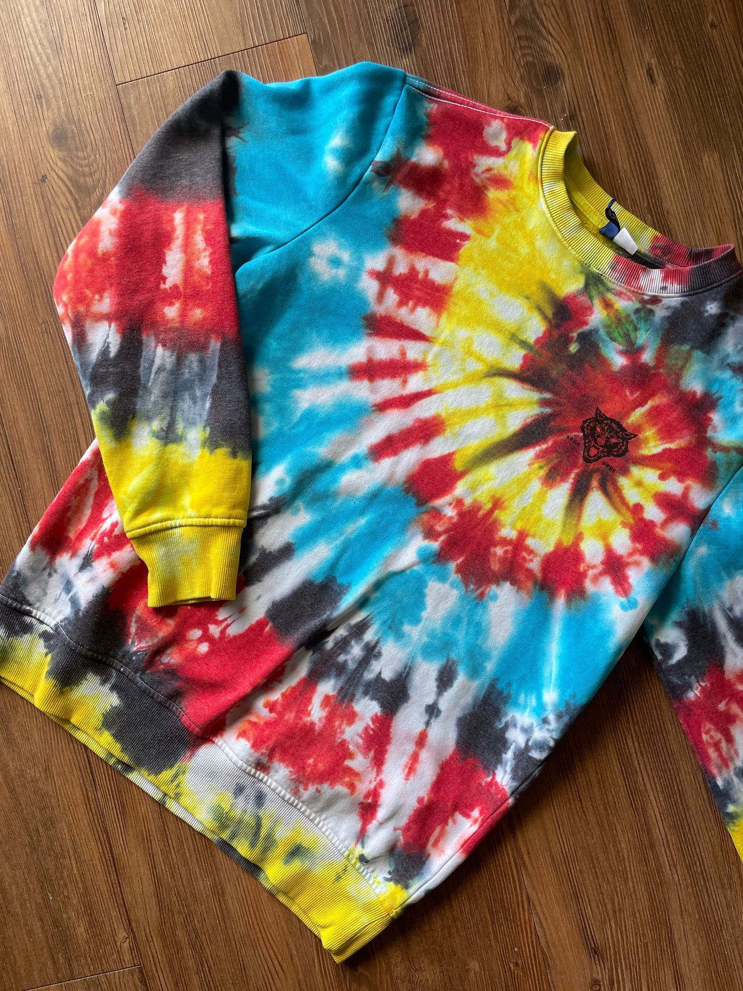 SMALL Men’s Last Night Tiger Tie Dye Sweatshirt | Red, Yellow, Blue, and Black Spiral Long Sleeve